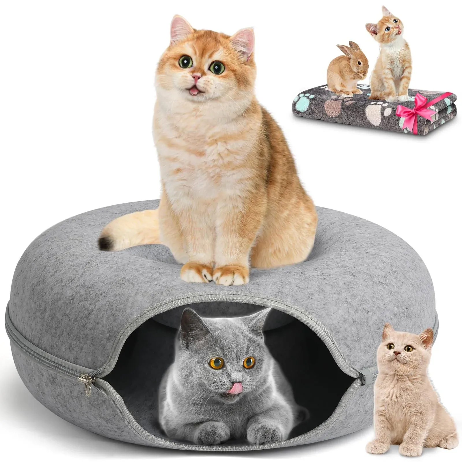 Homagico Cat Tunnel Bed,Peekaboo Cat Cave with Pet Blanket,Detachable Donut Tunnels for Indoor Cats,Cat Tunnel Toy,Felt Round Cat Bed Suitable for