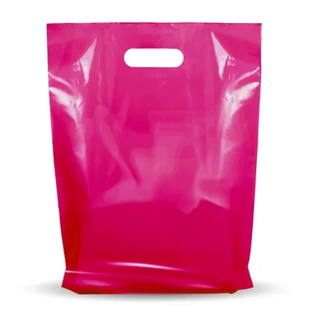 100 Pack 12" x 15" with 1.25 Mil Thick Pink Merchandise Plastic Glossy Retail Bags - Die Cut Handles - Perfect for Shopping, Party Favors, Birthdays