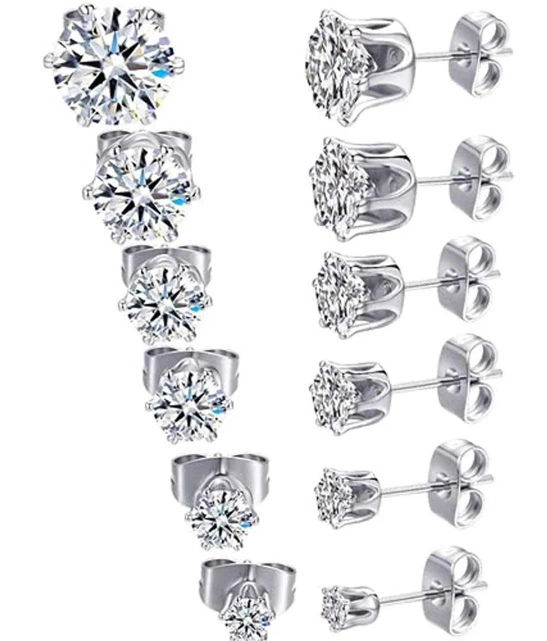 18K White Gold Plated Round Clear Cubic Zirconia Stud Earring Pack of 6 Pairs 