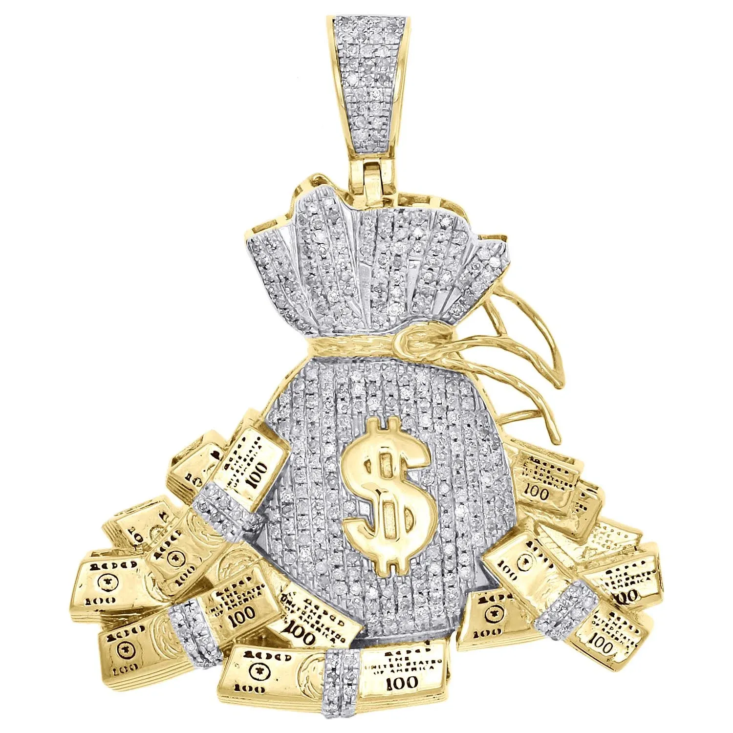 10K Yellow Gold Diamond Money Bag 100 Dollar Stacks Pendant 1.85" Charm 0.97 Ct.