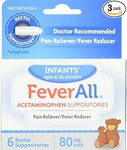 FeverAll Infants Acetaminophen Suppositories 6 Rectal Suppositories 80mg each (Pack of 3)