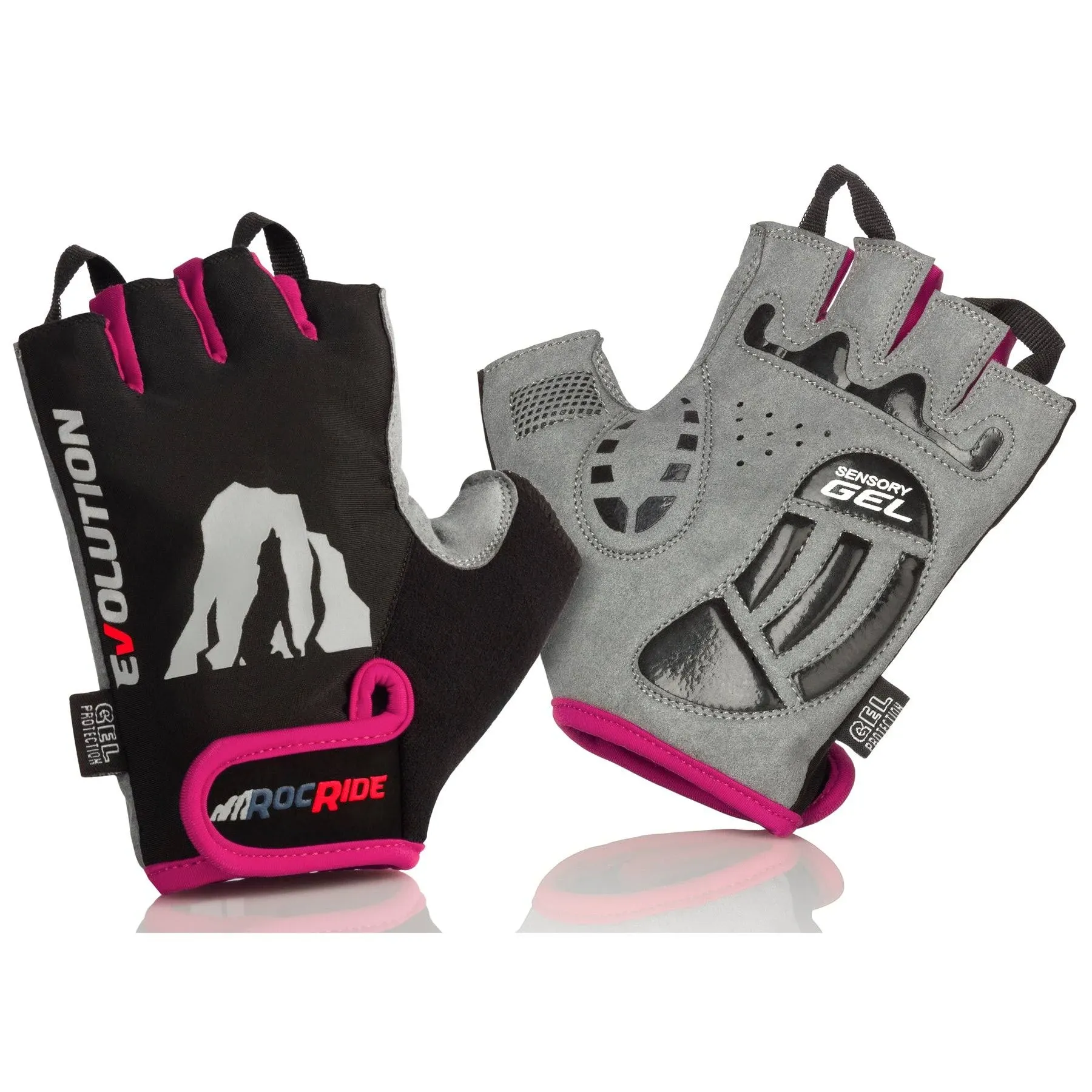 RocRide Cycling Gloves with Gel Padded Protection. Road and Mountain Biking. Half Finger with Pull Tabs. Men, Women and Children Sizes.