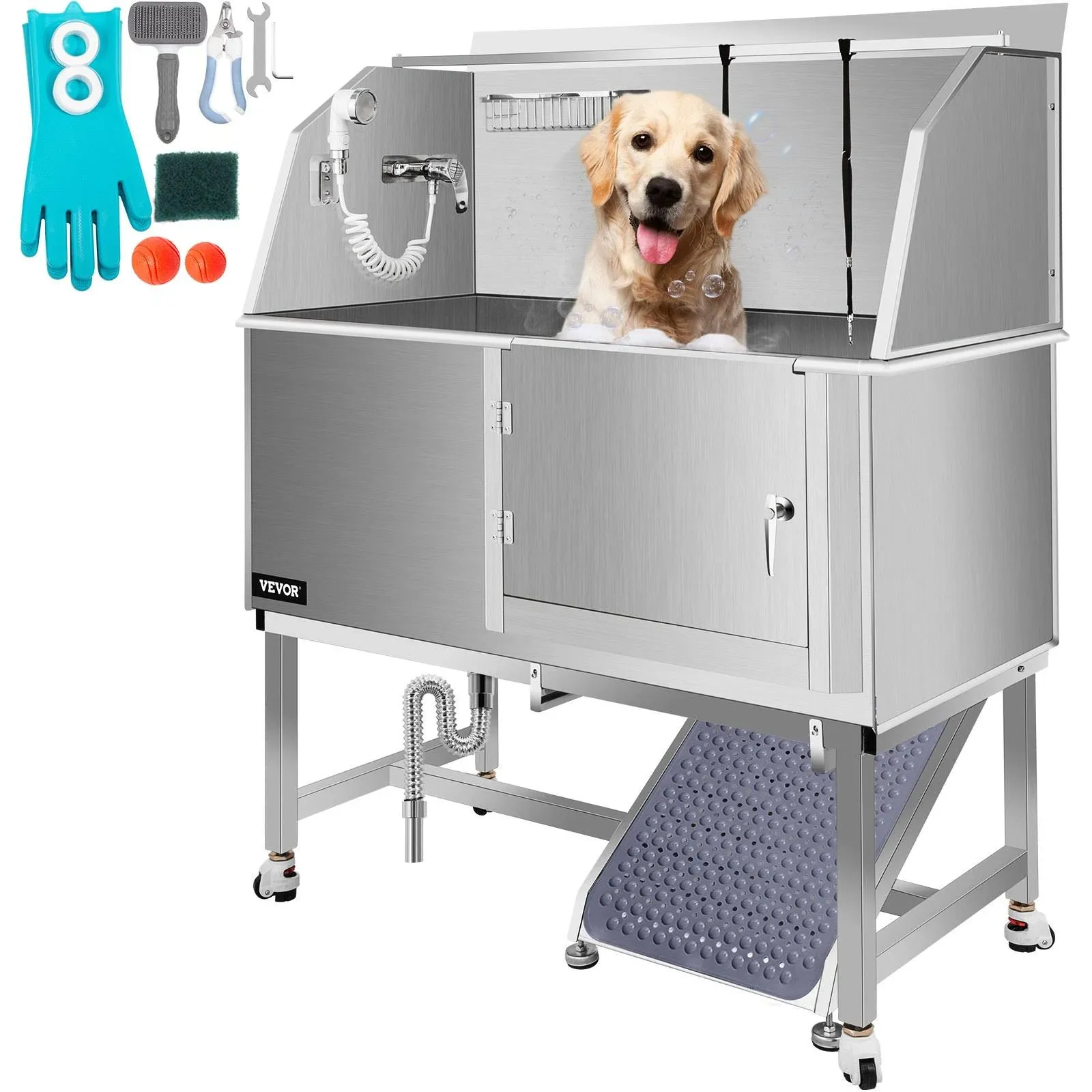 VEVOR Dog Grooming Tub, 50" R Pet Wash Station, Professional Stainless Steel Pet Grooming Tub Rated 330LBS Load Capacity, Non-Skid Dog Washing Station Comes with Ramp, Faucet, Sprayer and Drain Kit