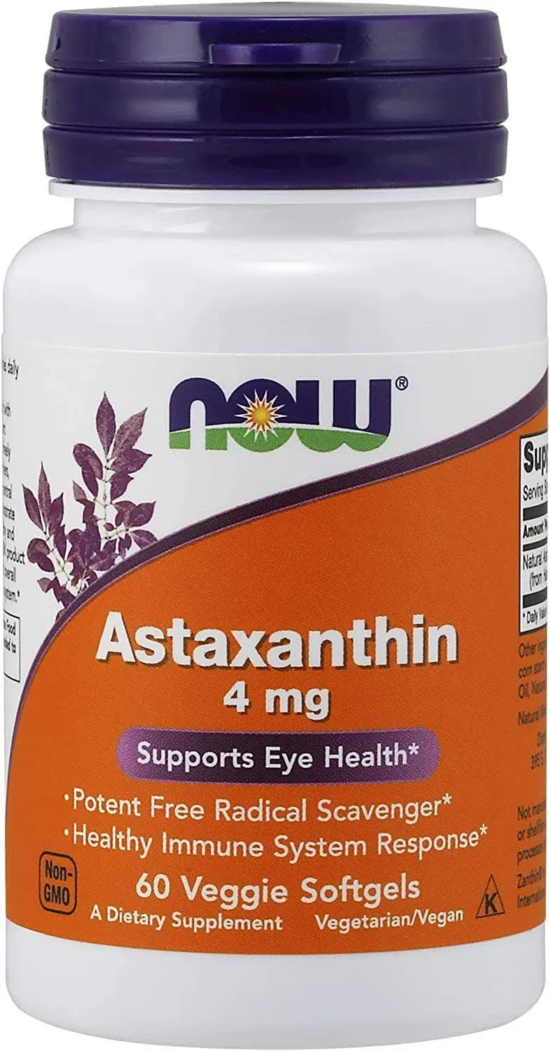 NOW Supplements, Astaxanthin 4 mg derived from Non-GMO Haematococcus Pluvialis Microalgae and has naturally occurring Lutein, Canthaxanthin and Beta-Carotene, 90 Softgels