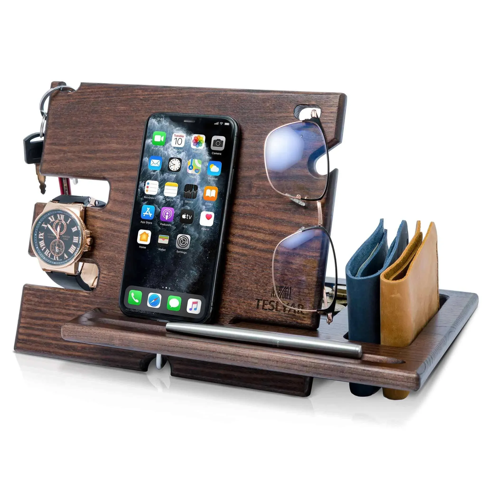 Wood Phone Docking Station Ash Key Holder Wallet Stand Watch Organizer Men Hu...