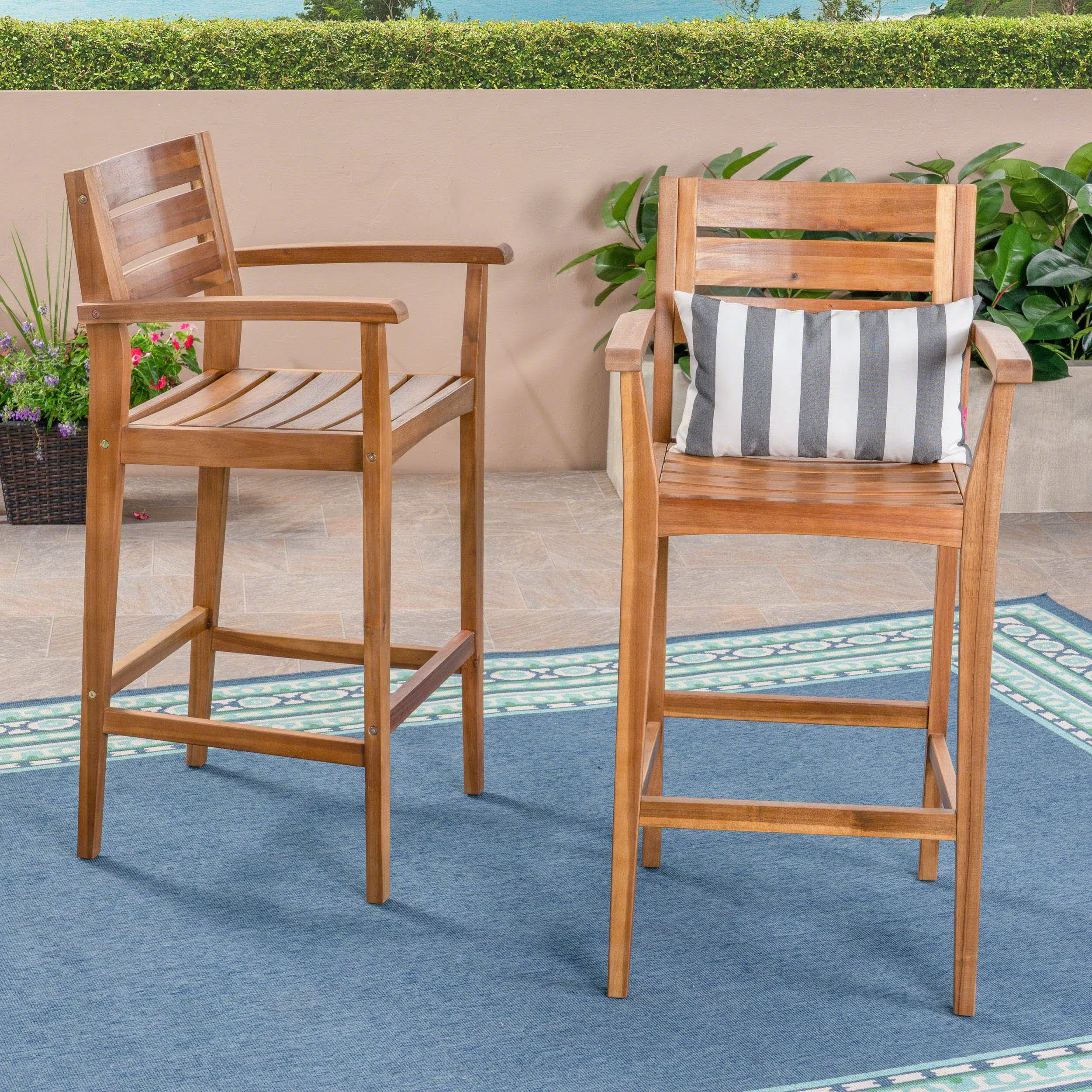 Lera Outdoor Rustic Acacia Wood Barstool (Set of 2) Teak