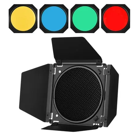 Andoer Photography Light Barn Door Barndoor Kit with Honeycomb Grid 4pcs Color Filters(Red/Yellow/Blue/Green) for 7 Inch Standard Reflector Strudio Product Photography