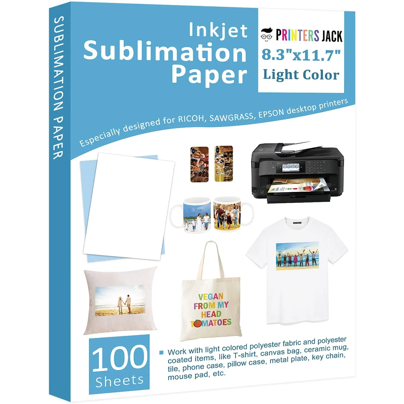 Printers Jack Sublimation Paper - Heat Transfer Paper 100 Sheets 8.3&#034; x 11.7&#034;...