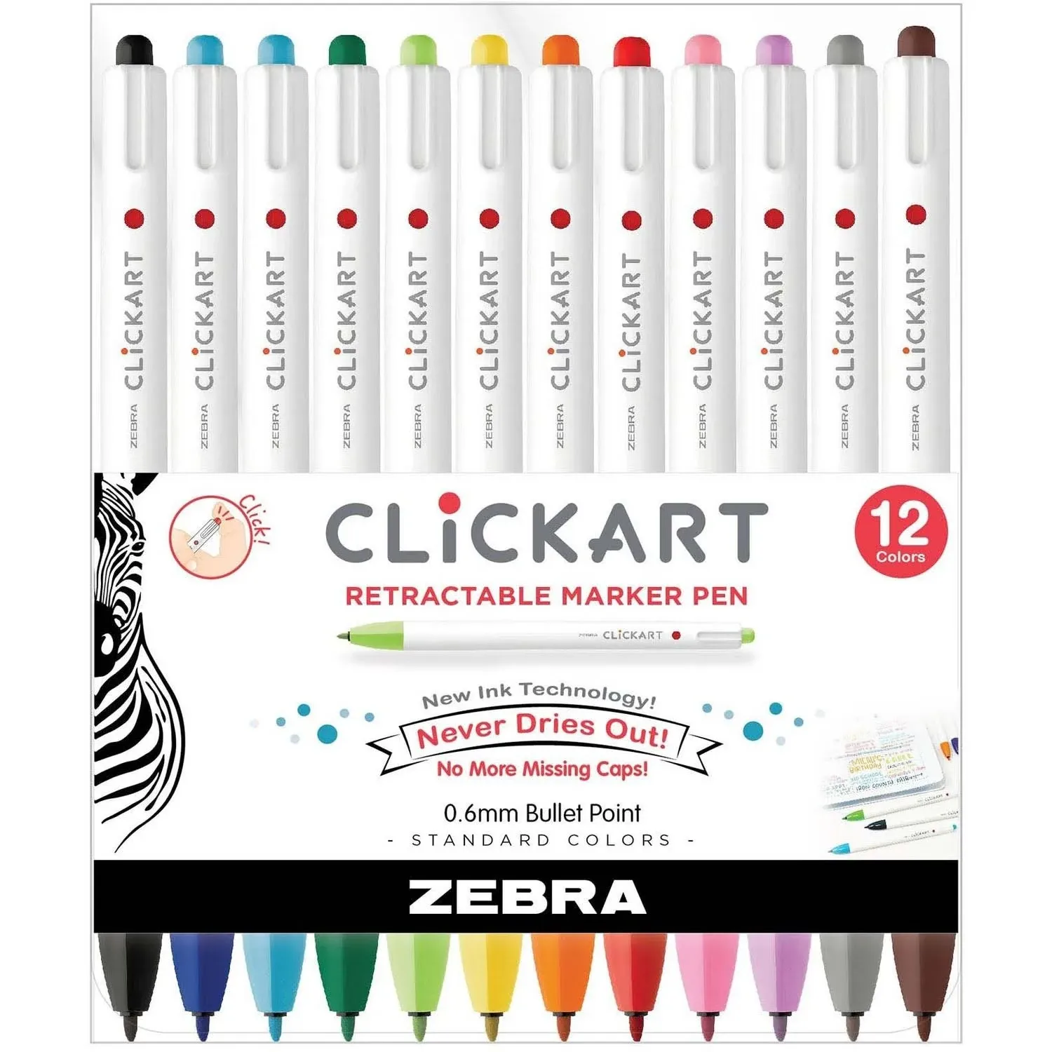 Zebra Clickart Porous Point Pen, Retractable, Fine 0.6 mm, Assorted Ink Colors, White Barrel, 12/Pack