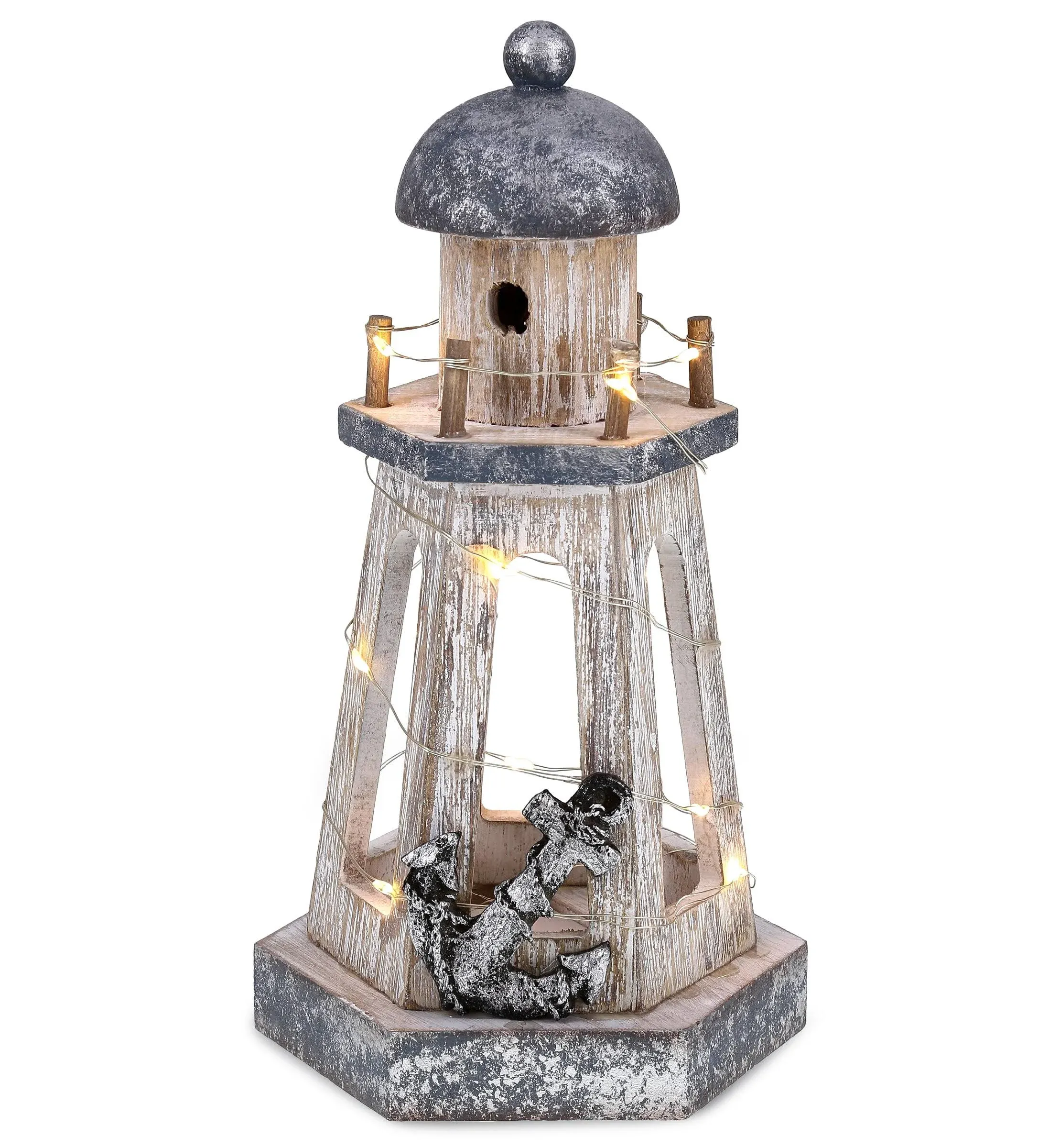 CoTa Global Silver Sea Nautical Wooden Lantern Lighthouse With LED Lights