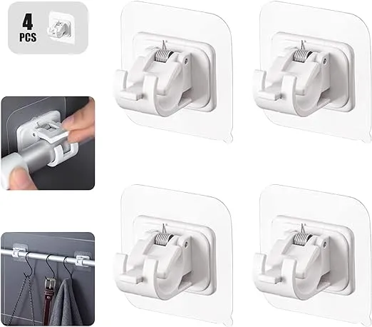 Self Adhesive Curtain Rod Holder,Universal No Drilling Hanging Pole Support,Multipurpose Bathroom Kitchen Hotel Wall Clip,Mounted-Free Clothes Bar Retainer,Adjustable Heavy Duty Hanger Hook(4pcs)