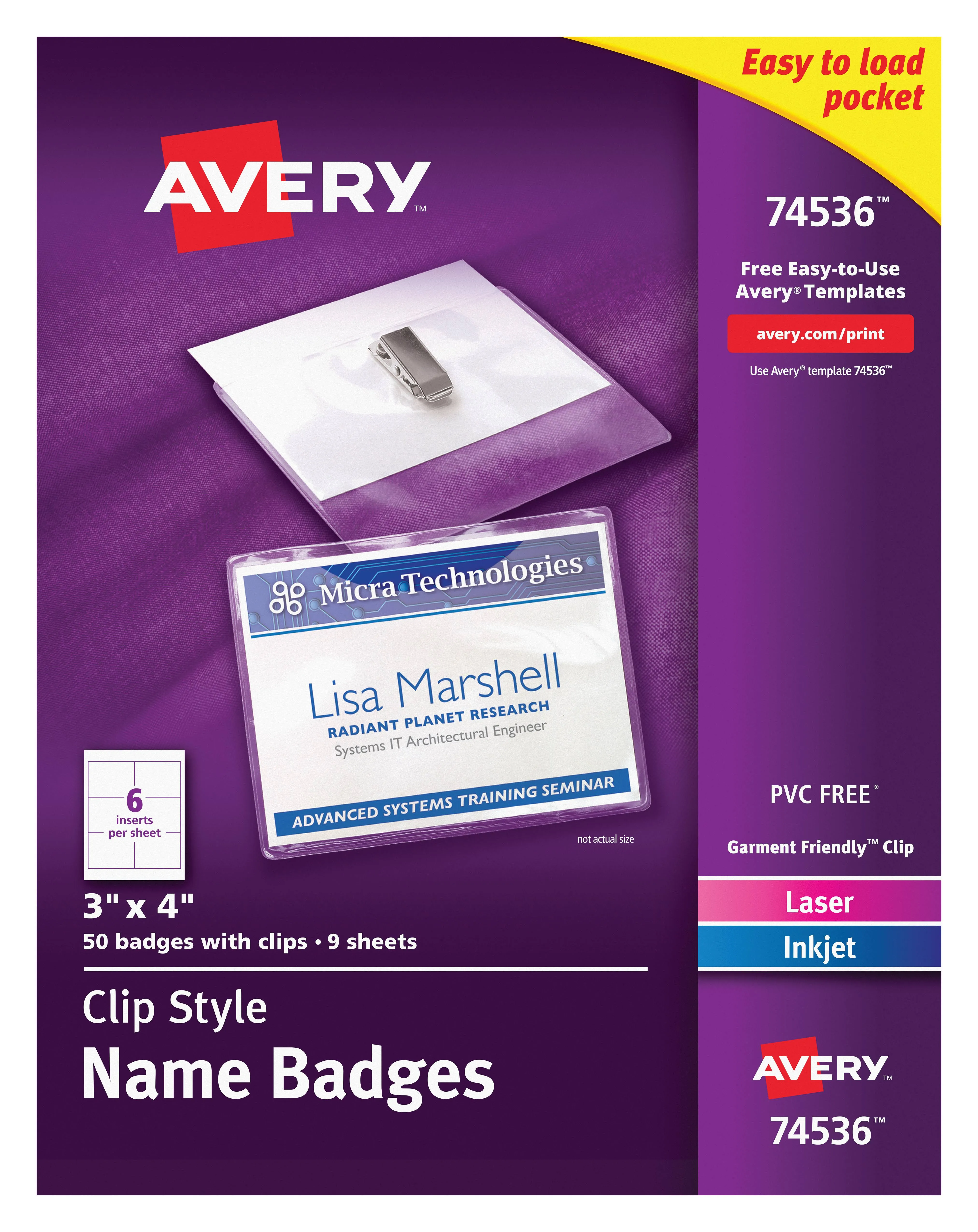 Avery Top-Loading Garment-Friendly Clip-Style Name Badges, 3" x 4", 50 Badges (74536)