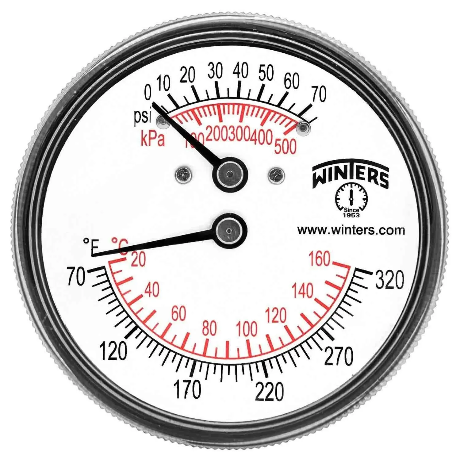 WINTERS TTD Series Steel Dual Scale Tridicator Thermometer with 2" Stem, 0-75psi