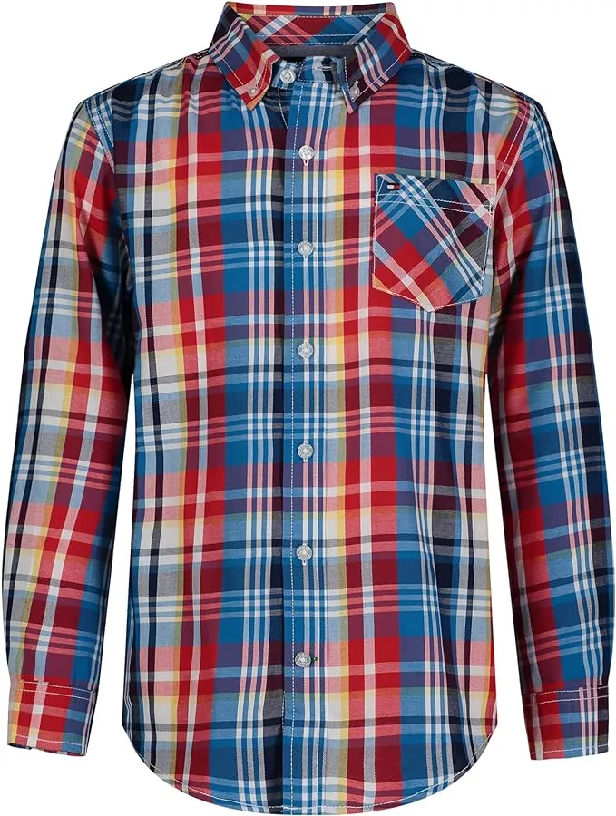 Tommy Hilfiger Big Boys Long Sleeve Iconic Plaid Shirt - Cerulean Aqua