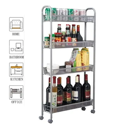 Mesh Rolling Utility Cart 4-Tier Metal Storage Organizer with Steel Wire Baskets and Wheels Multifunction Shelving Trolley Cart for Kitchen Bathroom