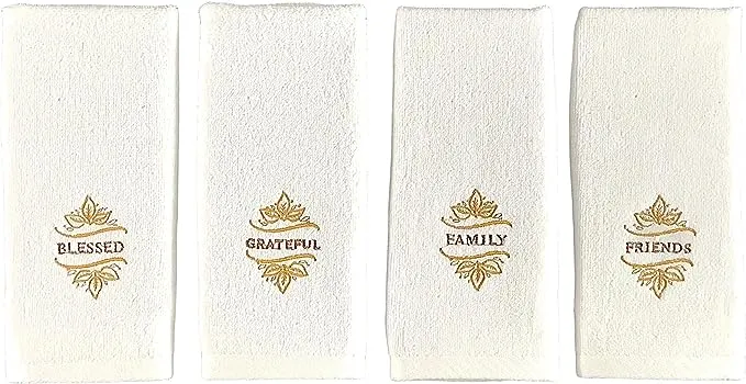 Serafina Home Decorative Holiday Fingertip Towels: Gold Embroidered Inspirational Design Including Gather Grateful Family Friends  for Fall Thanksgiving  4 Piece Set