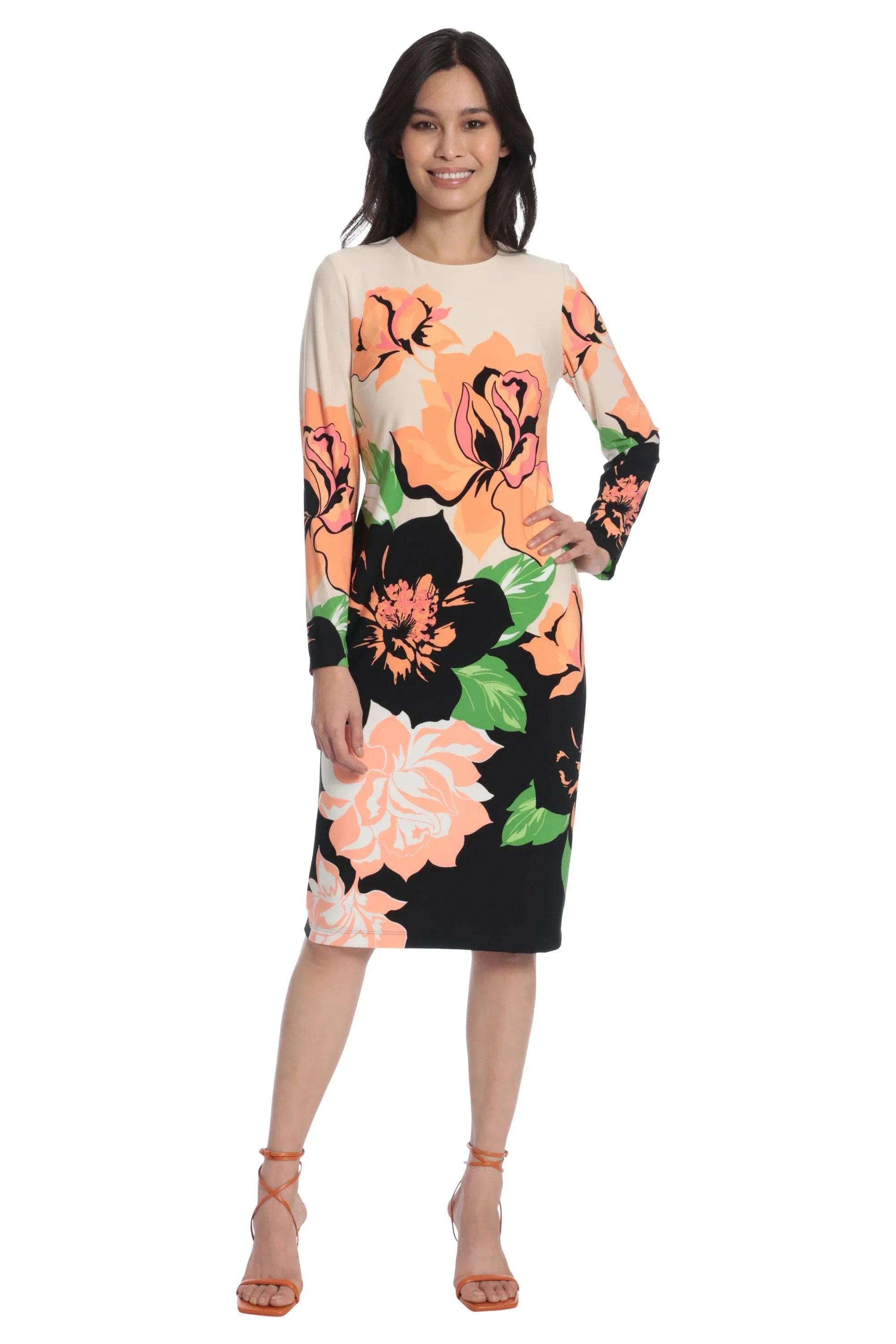 Maggy London Women&#x27;s Midnight Rose Printed Long Sleeve Midi Sheath Dress