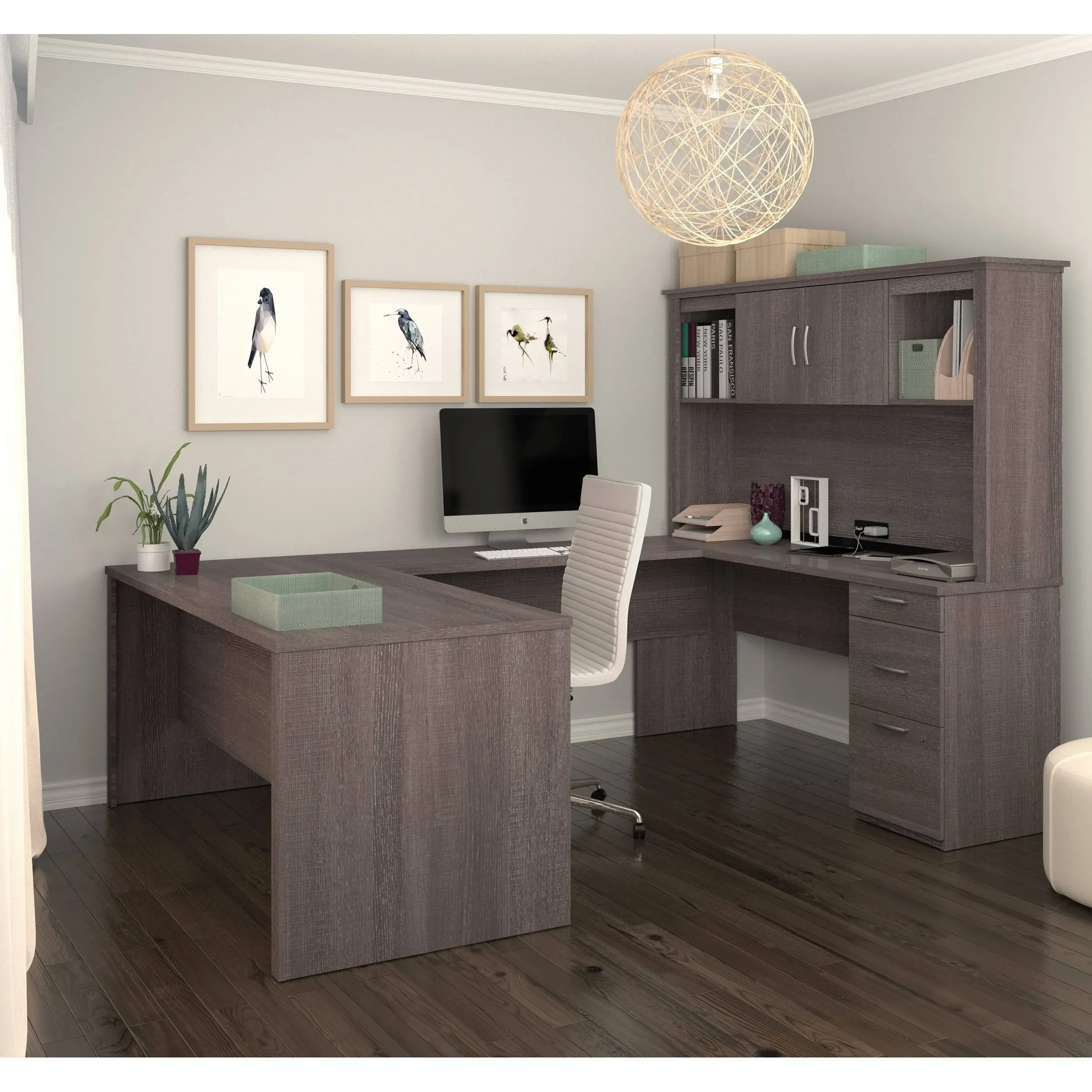 Bestar Logan U or L-Shaped Executive Office Desk with Pedestal and Hutch in bark Grey, 66W