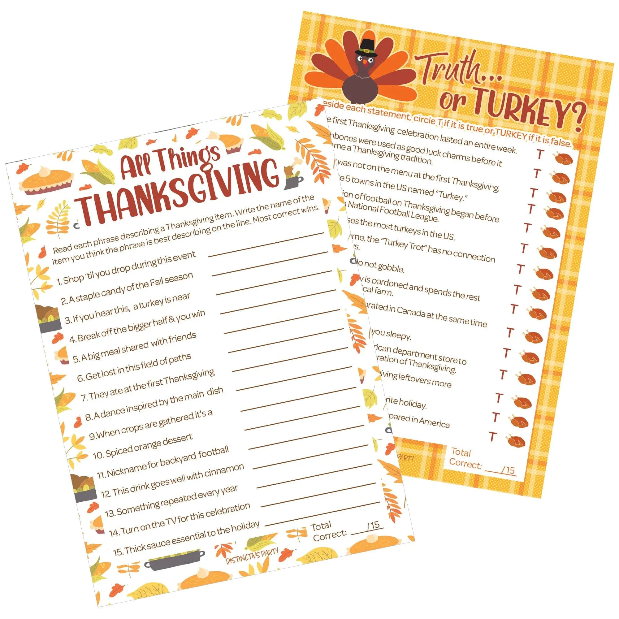 Thanksgiving Party Game Bundle – Truth or Turkey and All Things Thanksgiving Game – 25 Dual-Sided Game Cards - Distinctivs