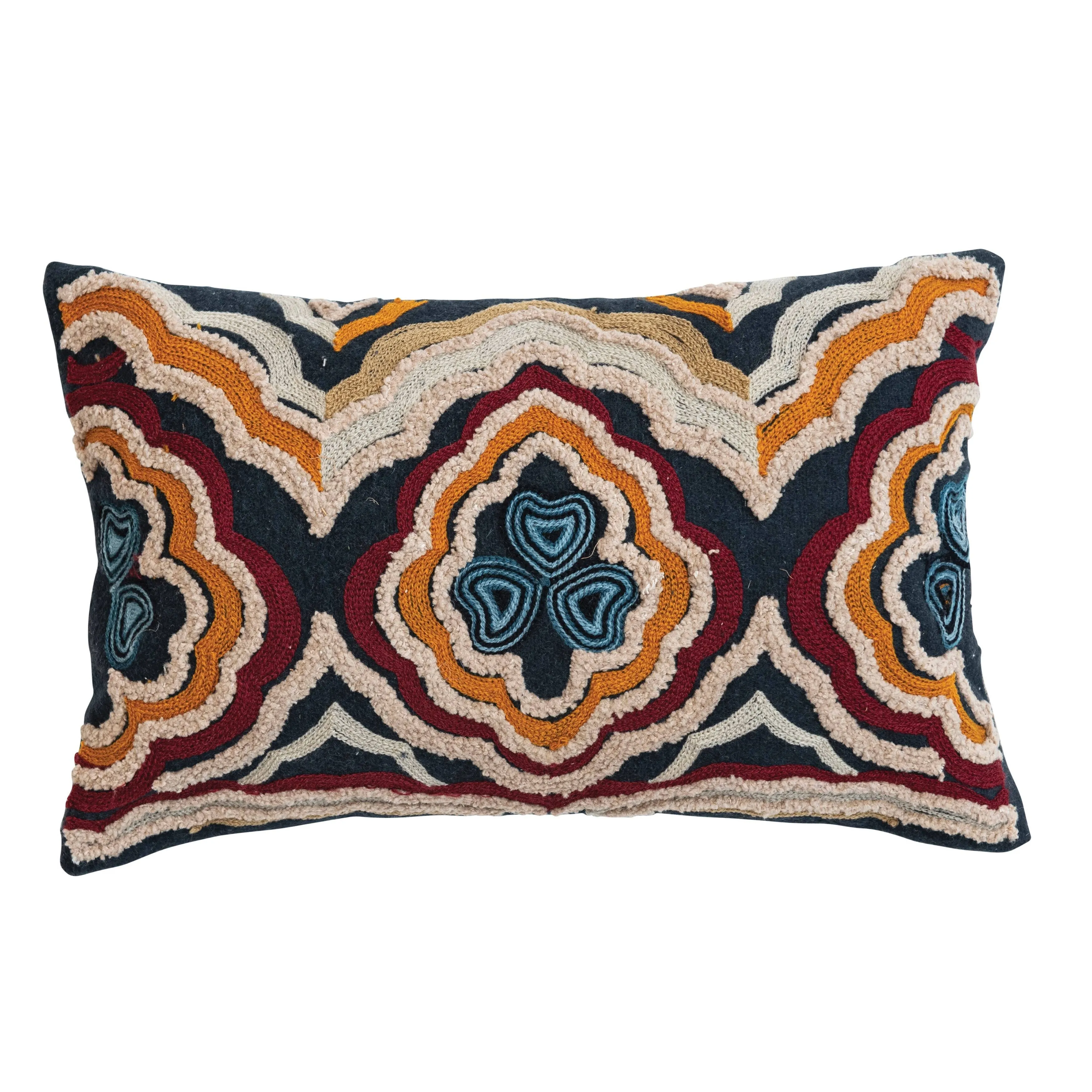 Creative Co-Op Cotton Lumbar Pillow with Tufted Embroidered Design, Multicolor