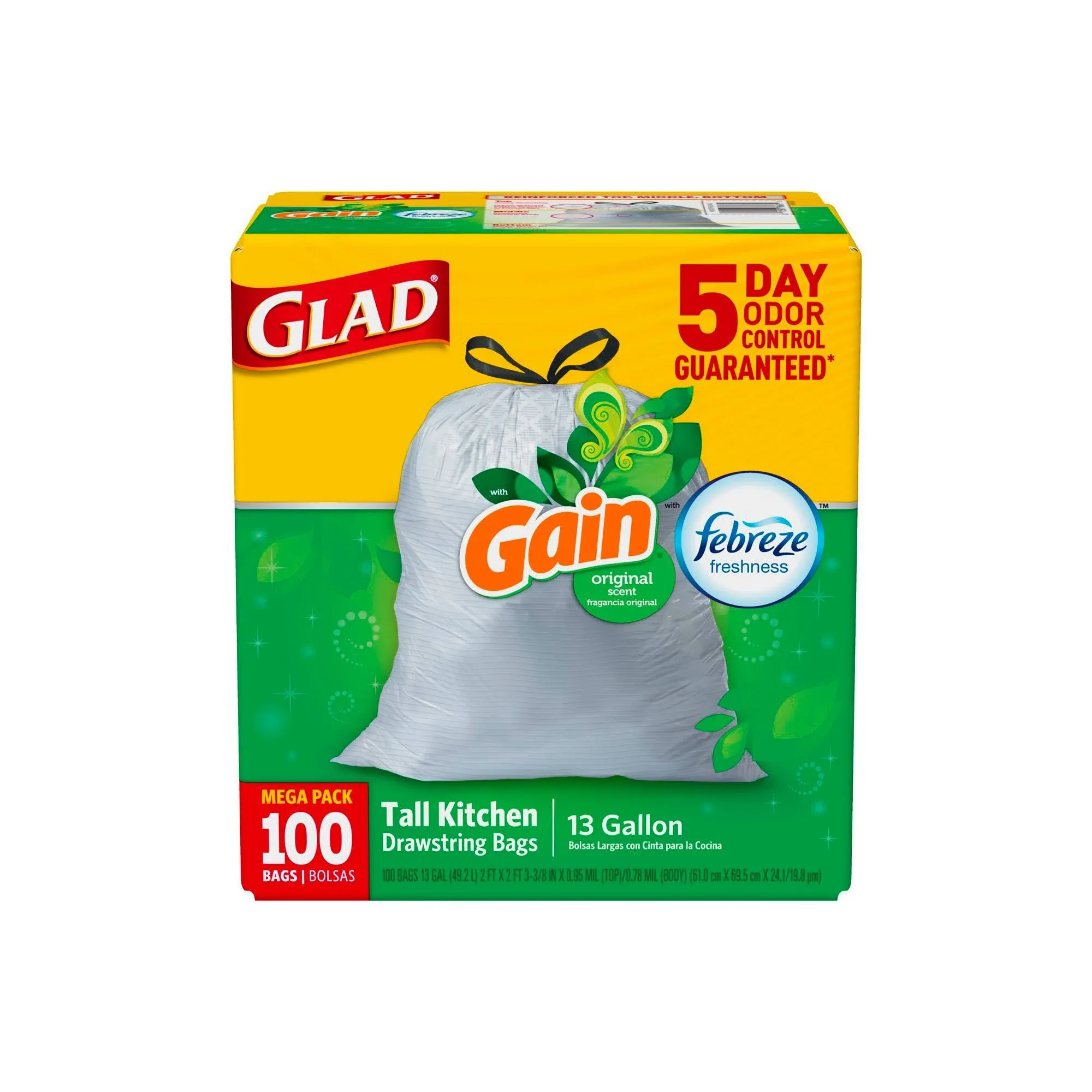 Glad Tall Kitchen Drawstring Trash Bags, 13 gal, 0.72 mil, 24" x 27.38", Gray, 100/Box