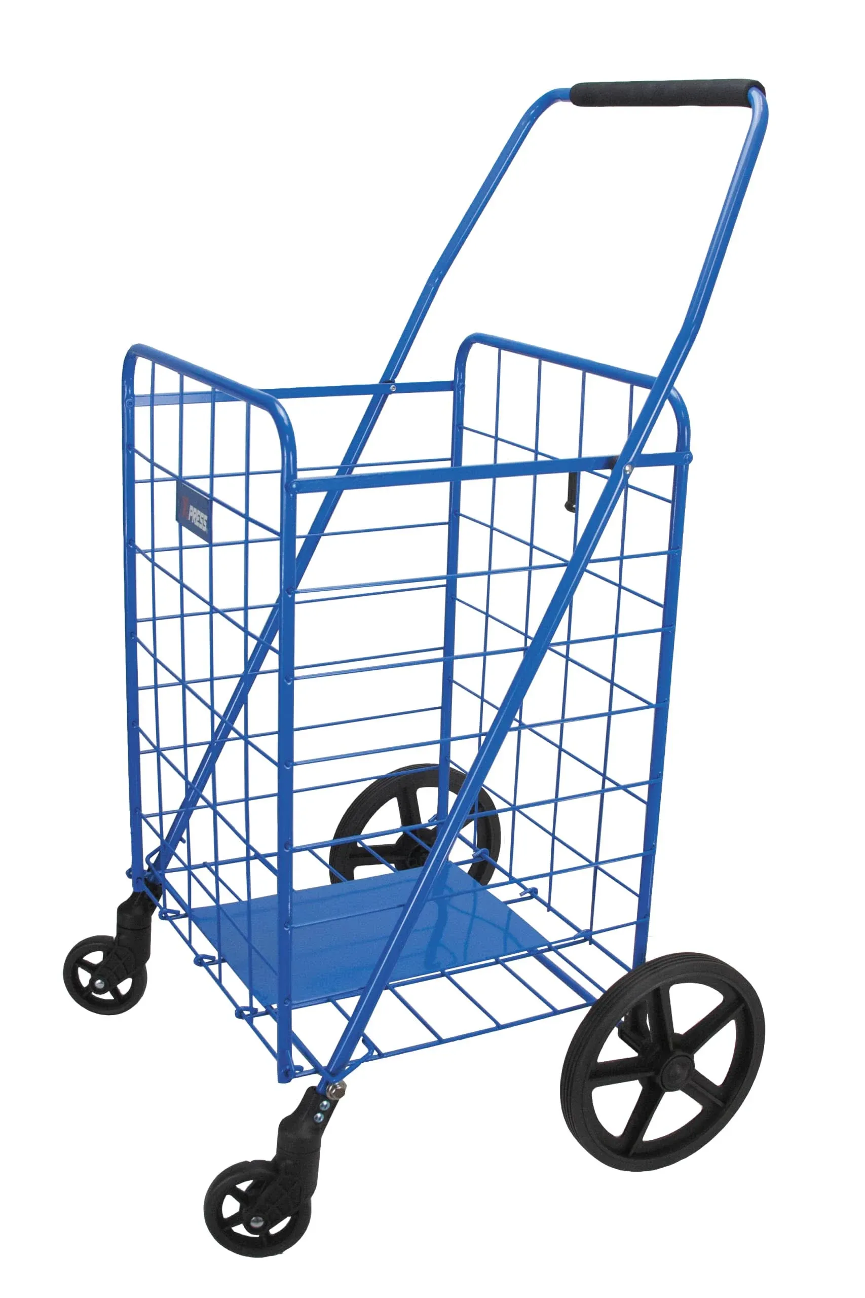 (Blue) Folding Grocery Basket Cart Shopping Wheels Large Metal Utility Laundry