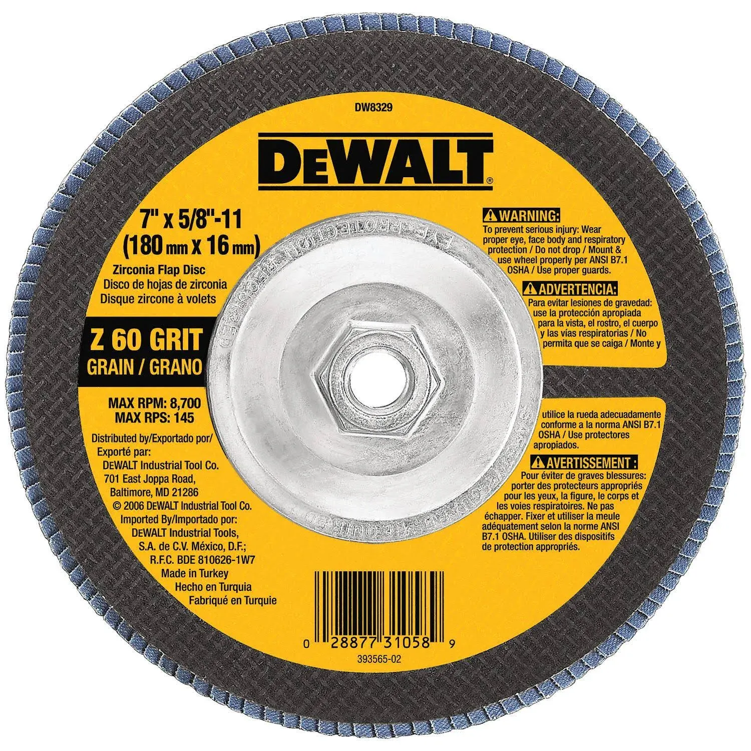 DeWalt DW8329 7" x 5/8"-11 60 Grit Zirconia Flap Disc