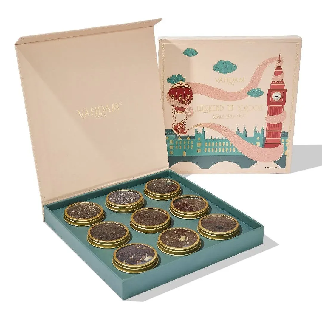 VAHDAM, Weekend In London Tea Gift Sets | Travel Edition Gift Box | 9 Varieties - Chai Tea, Black Tea | Gluten Free, Non GMO | Gifts for Women, Gifts for Men, Gifts for Him/Her