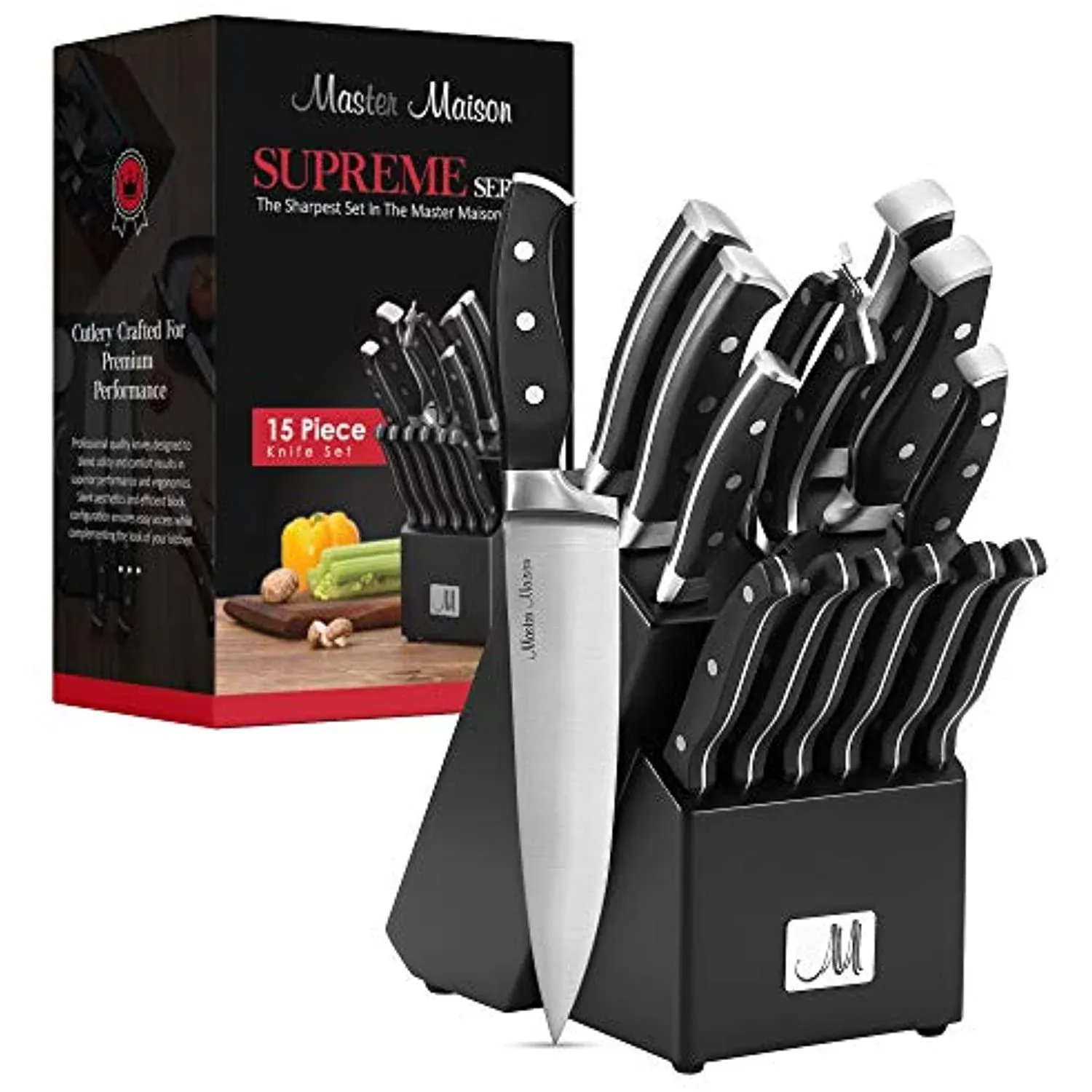 Master Maison 15-Piece Premium Kitchen Knife Set with Block