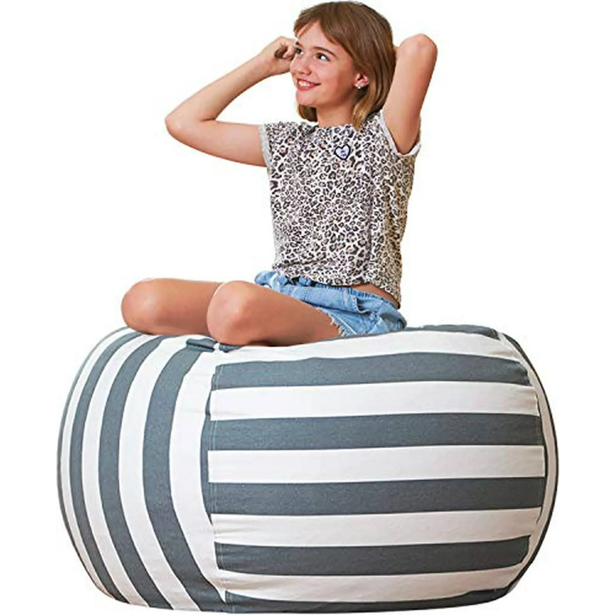 Aubliss Stuffed Animal Bean Bag Storage Chair, Beanbag Covers Only for Organizing Plush Toys, Turns into Bean Bag Seat for Kids When Filled, Medium 32"-Canvas Stripes Grey/White