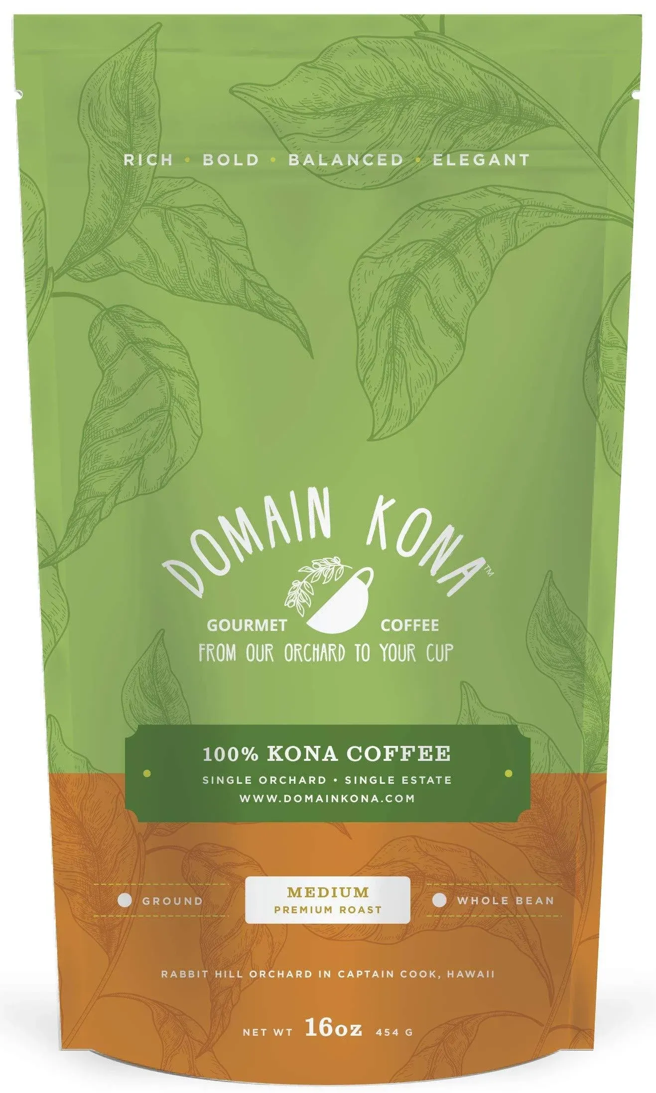 100% Kona Coffee – GROUND, Medium roast, Single estate gourmet coffee, 16 ounces, Farm fresh roasted from Domain Kona Coffee