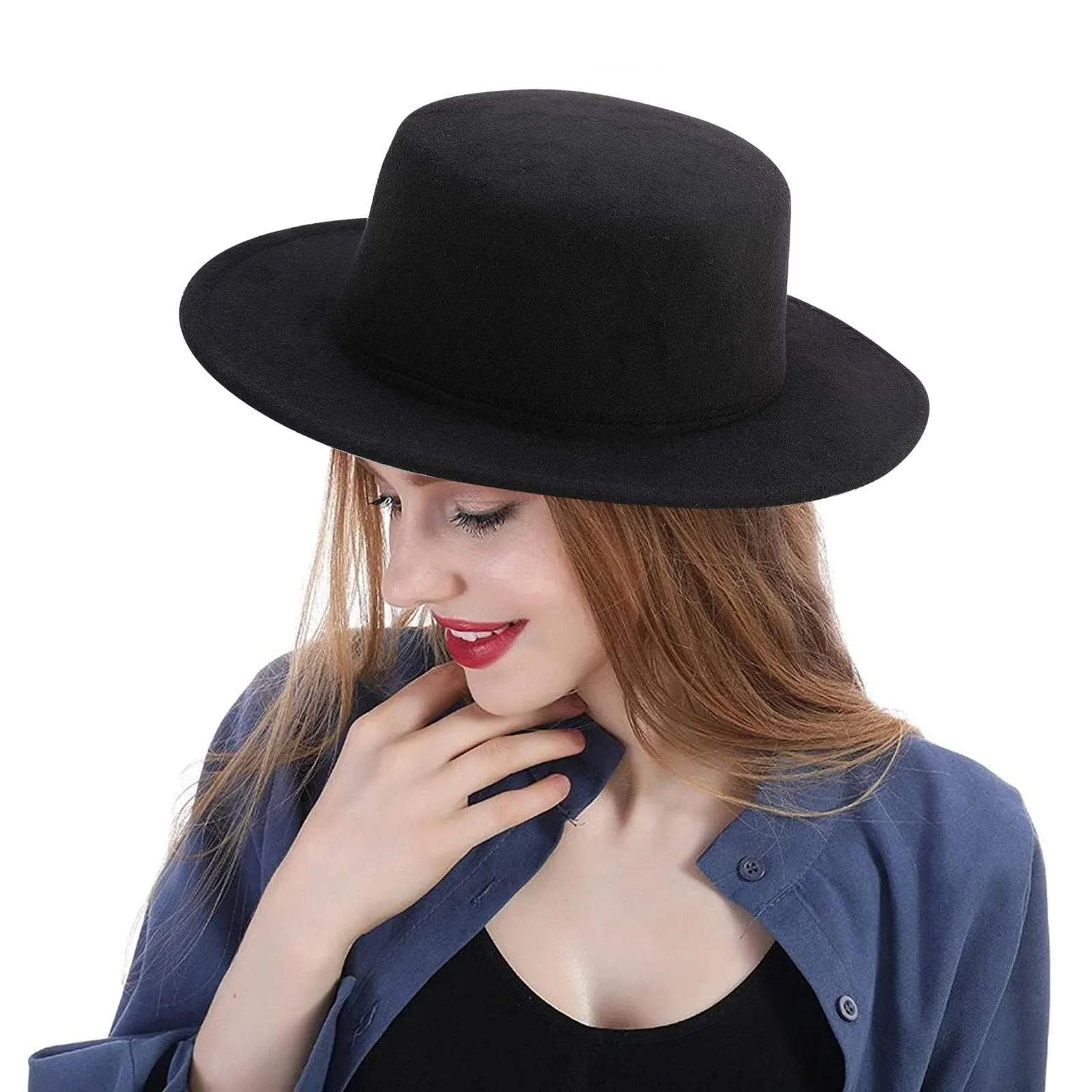 Yeajoin Fashion Classic Black Fedora Flat Hat, Wide Brim Jazz Hats Church Derby Cap for Women and Men