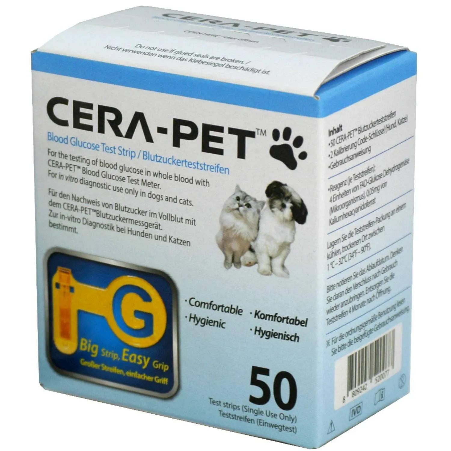 CERA-PET Blood Glucose Testing Strips | Cats, Dogs, Vet, Pets | 50 Test Strips