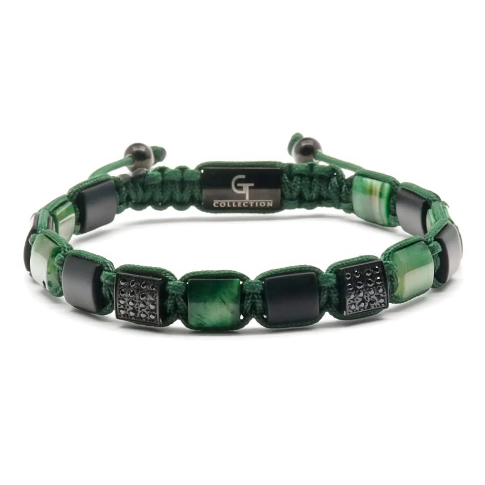 Men's Green Tiger Eye, Matte Onyx Flat Bead Bracelet - One Size Fits All