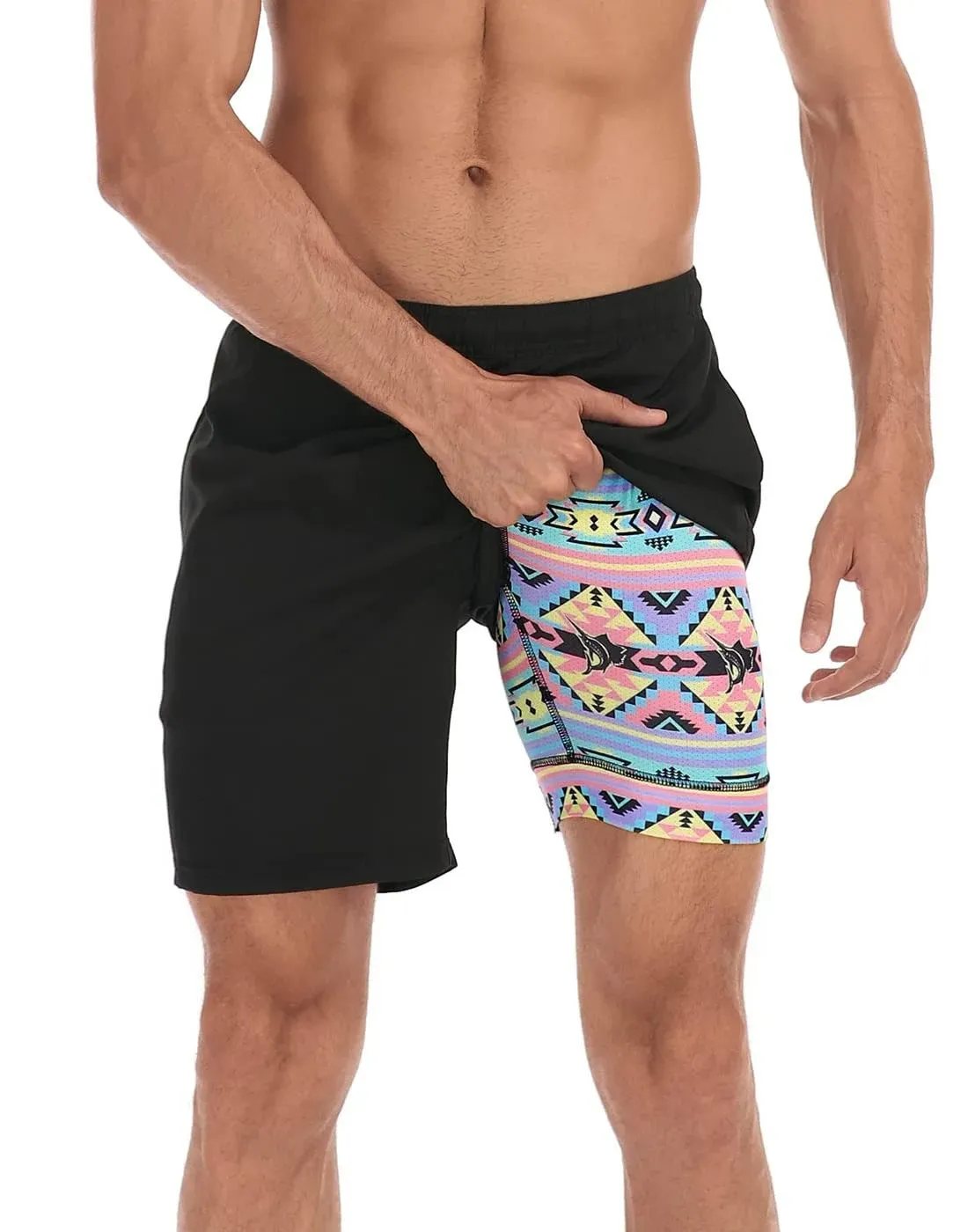 LRD Men's Swim Trunks with Compression Liner 7 inch Inseam Black / Tribal ...