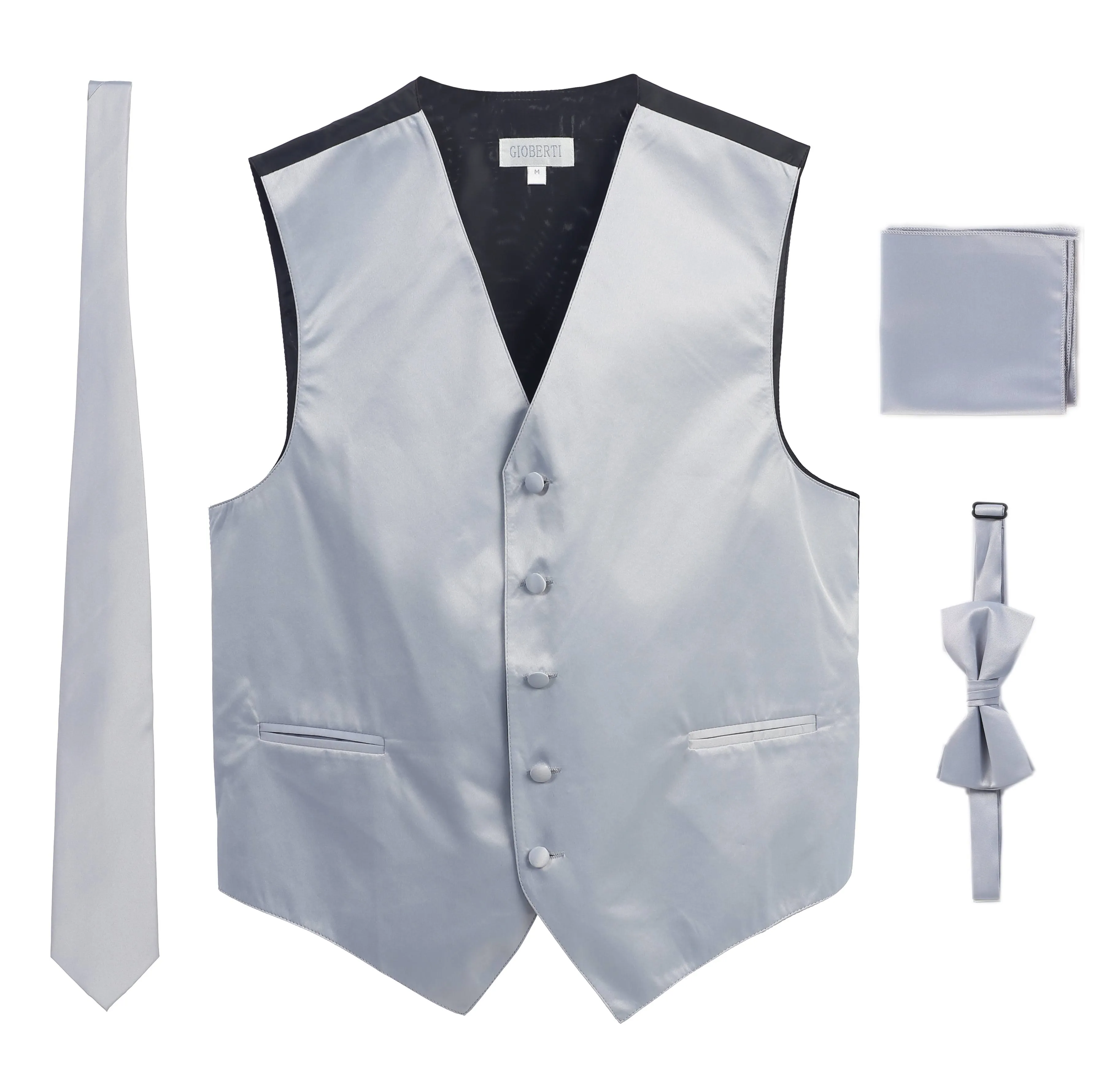 Gioberti Men's Formal Vest Set, Bowtie, Tie, Pocket Square, Size: XS, Silver