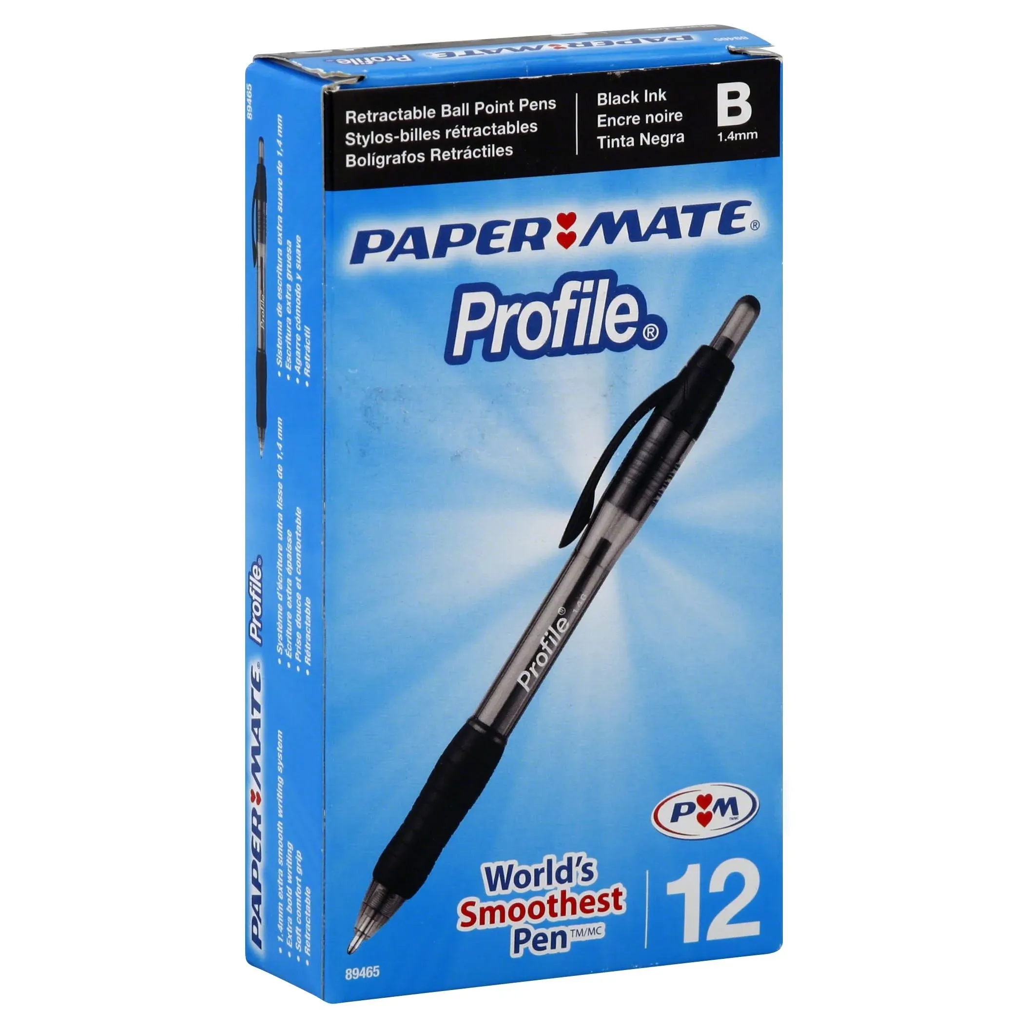 Paper Mate Profile Ball Point Pen, Retractable, B (1.4 mm), Black Ink - 12 pens