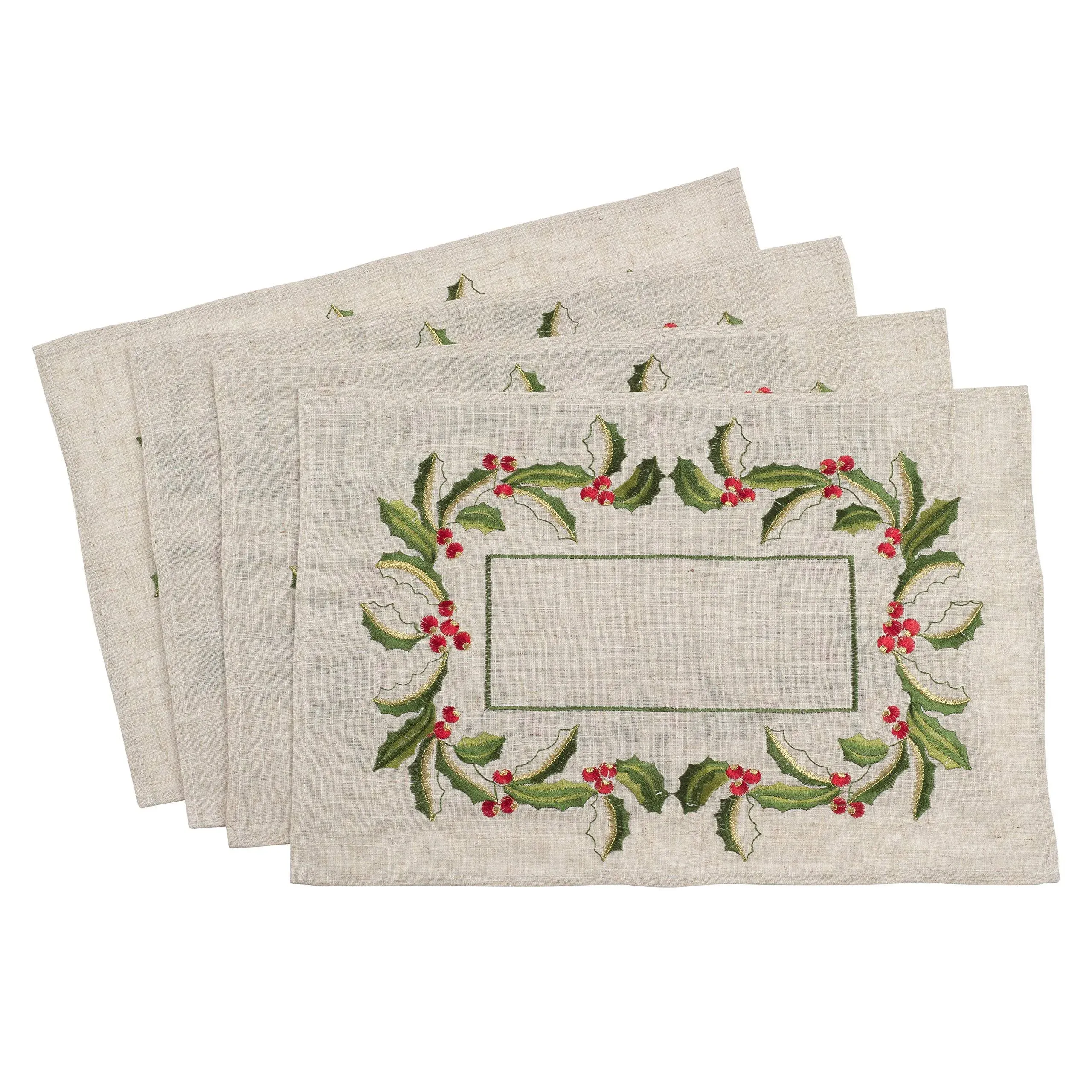 Embroidered Holly Design Linen Blend Placemat Set - Saro Lifestyle QX653.N1420B