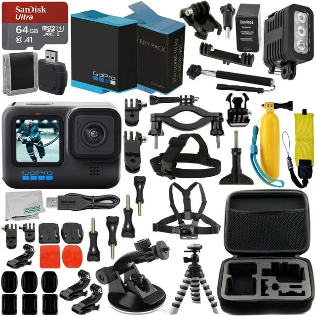 Pixel Hub GoPro HERO10 Hero 10 Camcorder Black - Ultimate Bundle Includes: Sandisk Ultra 64GB microSD, 2X Extra Batteries, Charger, Underwater Housing, LED Light Kit, Carry Case and More