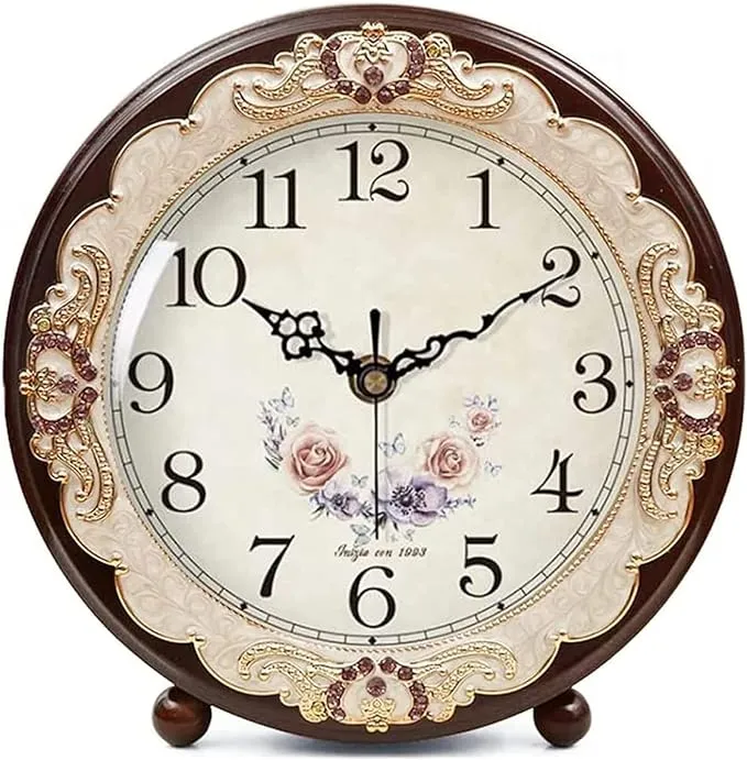 Justup Vintage Table Clock, Retro Non-Ticking European Style Beside Desk Clock Battery Operated Silent Quartz Movement for Bedroom Living Room