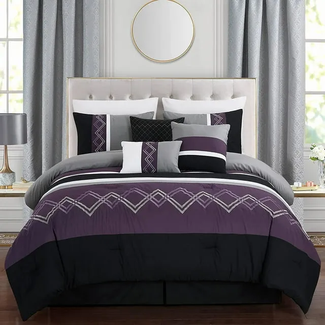 Chezmoi Collection 7-Piece Purple/Black/Gray/White Modern Stripe Zigzag Embroidery Comforter Set King