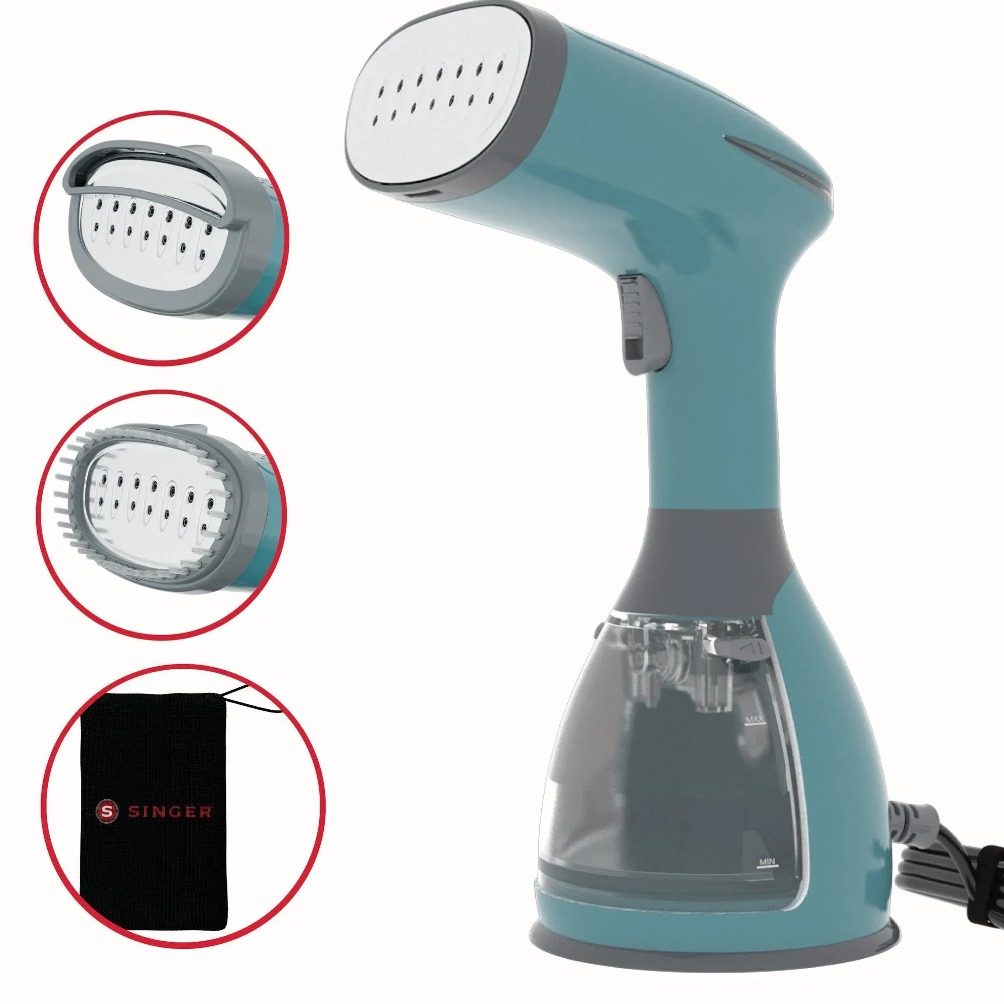 SINGER 1500W Handheld Garment Steamer, Teal, 20 second heat-up, high performance, Great for travel, Accessories Included