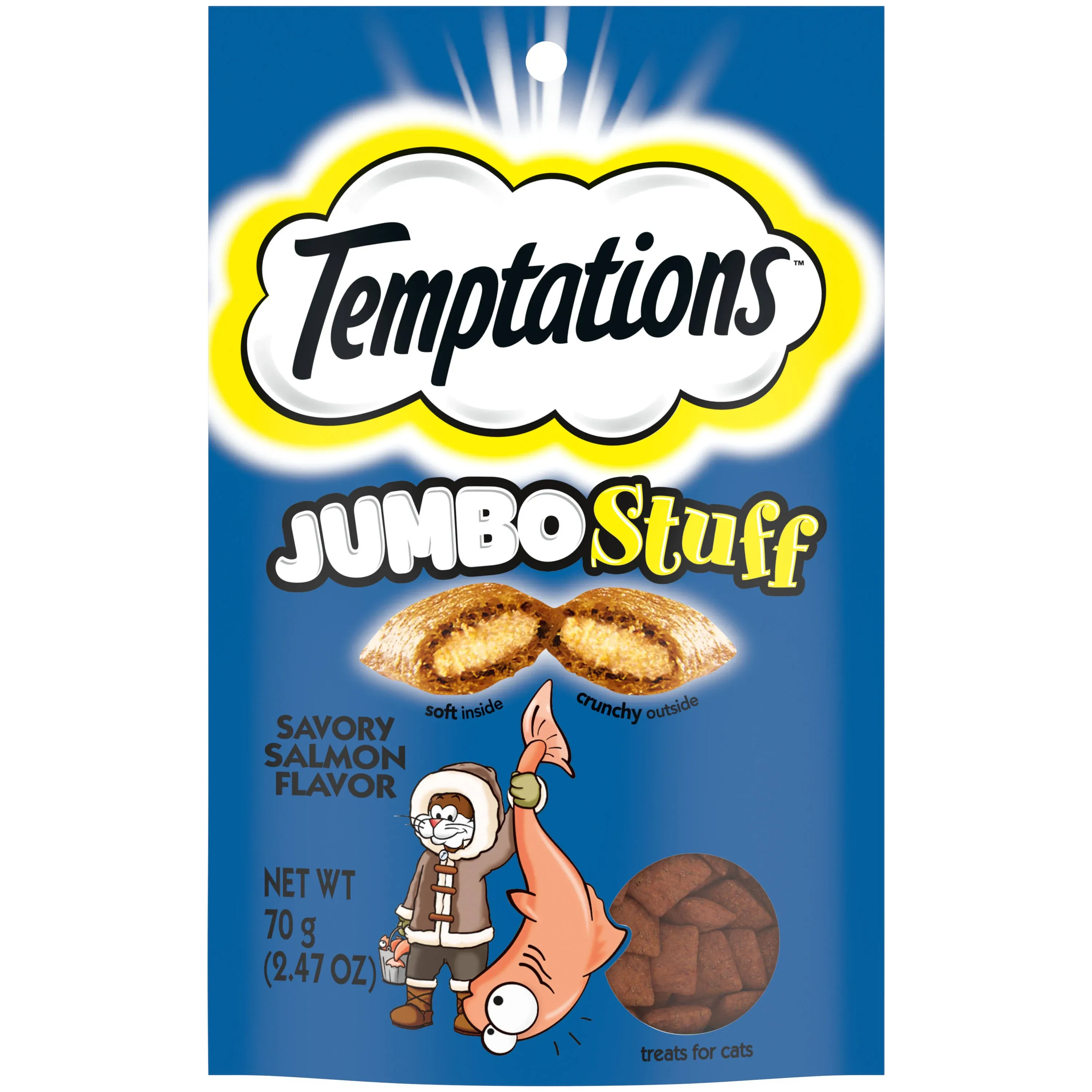 TEMPTATIONS Jumbo Stuff Crunchy and Soft Cat Treats Savory Salmon Flavor, 2.5