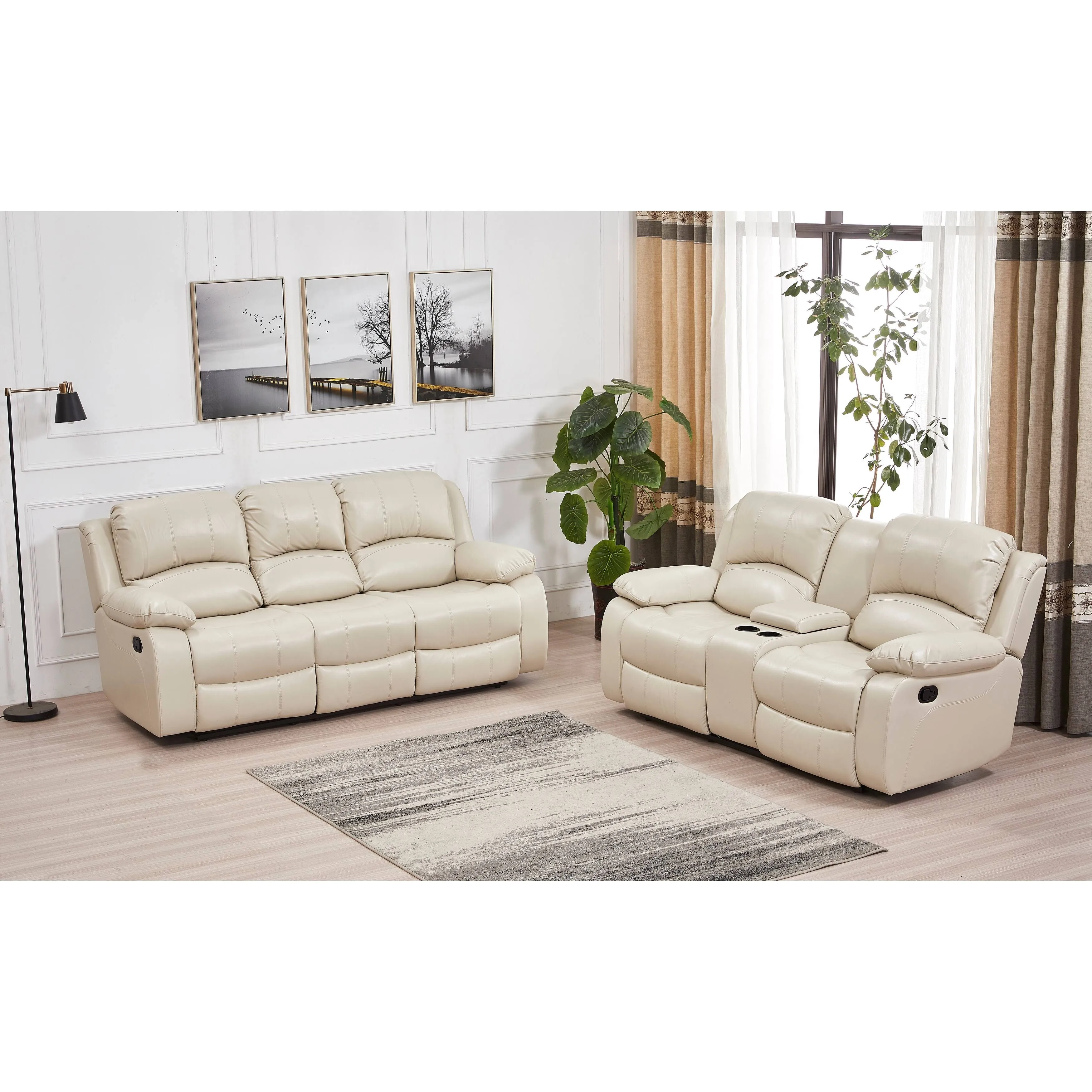 Betsy Furniture 2 Piece Bonded Leather Reclining Living Room Set, Sofa and Loveseat - Beige