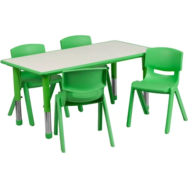 Flash Furniture YU-YCY-060-0034-RECT-TBL-GREEN-GG 23 5/8" x 47 1/4" Green Plastic Rectangular Adjustable Height Activity Table with Four Chairs