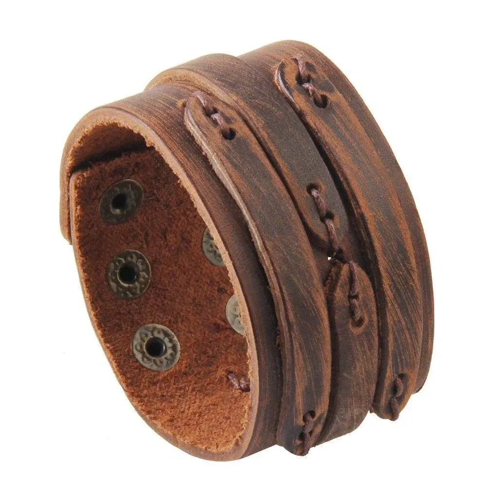 Leather Bracelet Handmade Wide Genuine Mens Bangle Cuff Brown, ,New