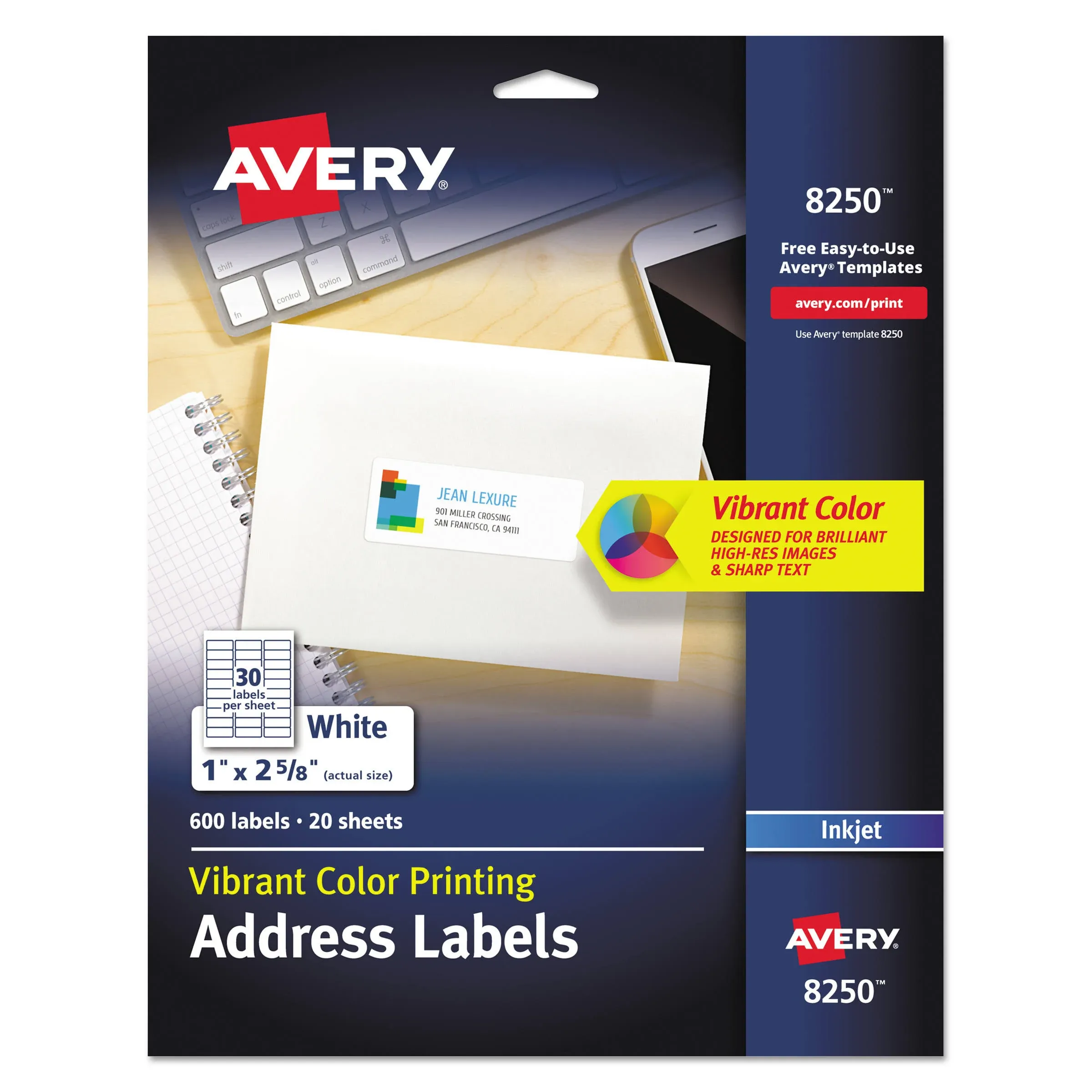 Avery Matte White Address Labels, Sure Feed Technology, Permanent Adhesive, 1" x 2-5/8", 600 Labels (8250)