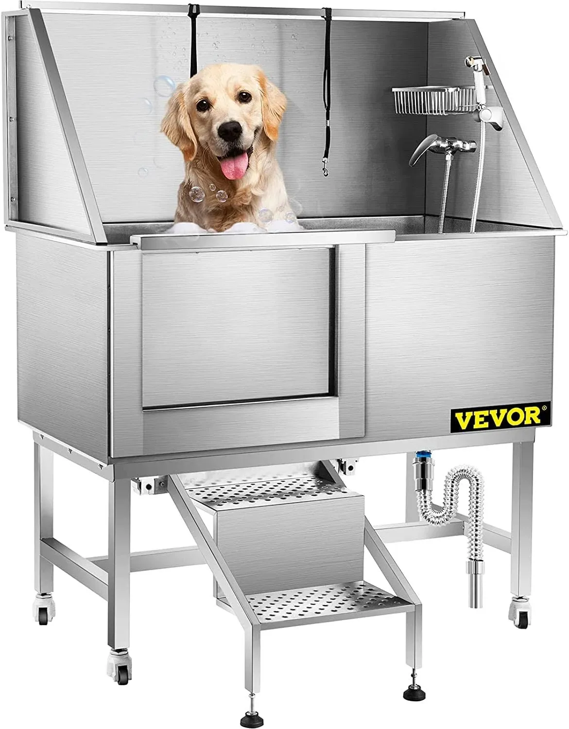 VEVOR 50 inch Dog Grooming Tub, Professional Stainless Steel Pet Dog Bath Tub ...