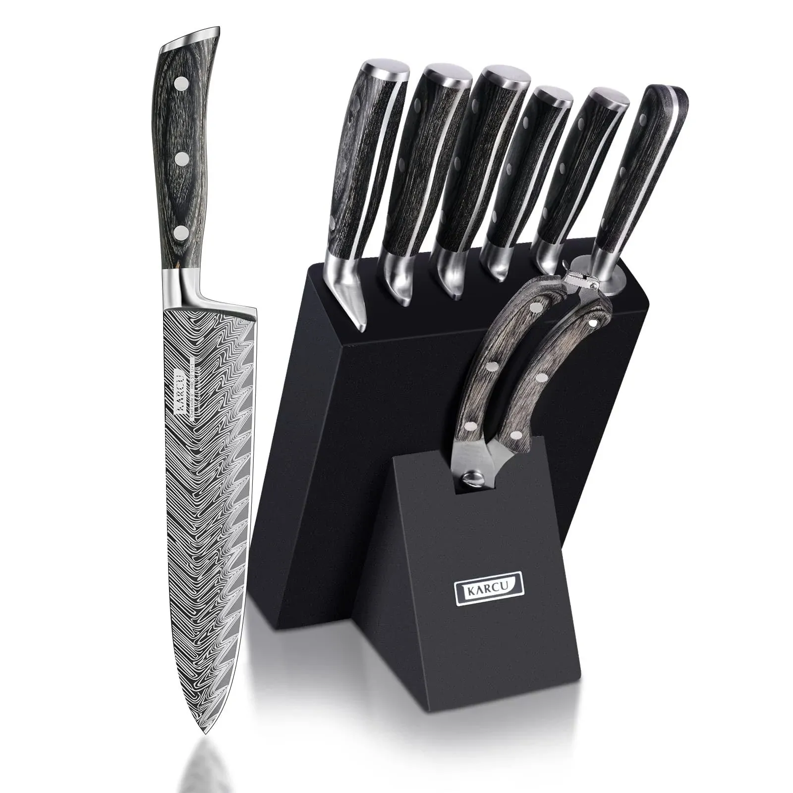 Chef Knife Set, Karcu Professional 8-Piece German High Carbon Stainless Steel Kitchen Knife Block Sets with Sharpener, Black