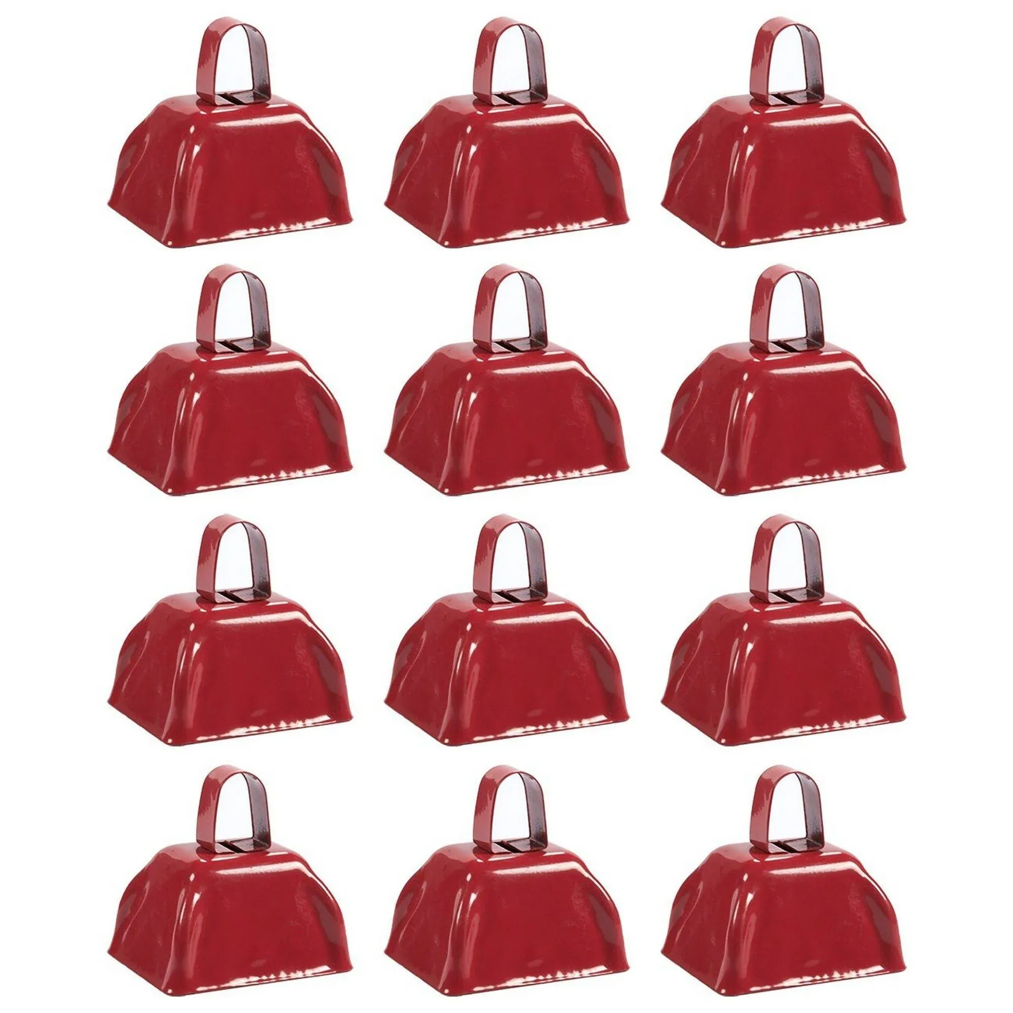 12 Pack Cow Bells Noise Makers with Handle for Sporting Events, Football Games, Red, 3 x 3 in